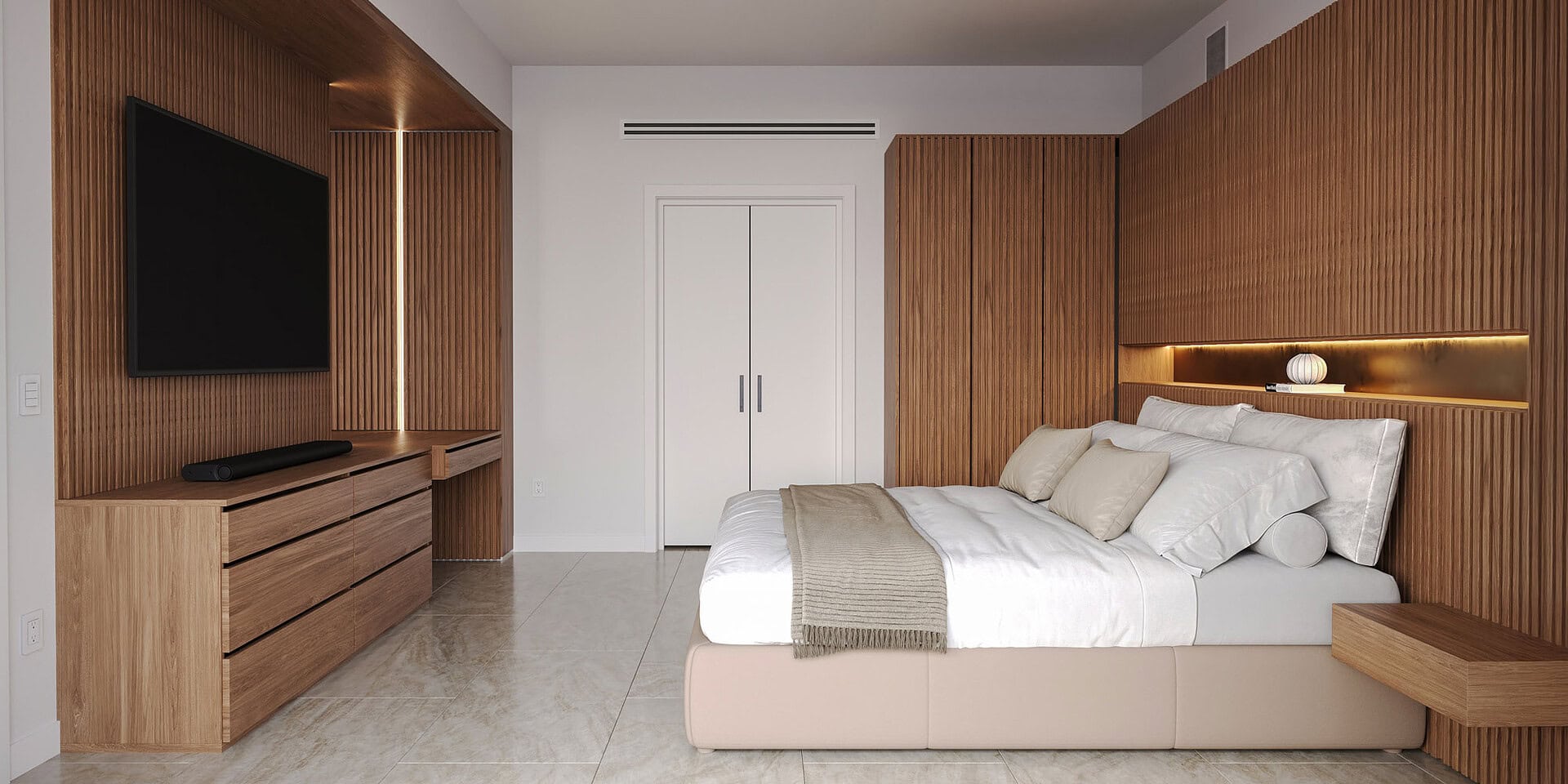 Modern bedroom with wooden wall panels and a large bed with white bedding.