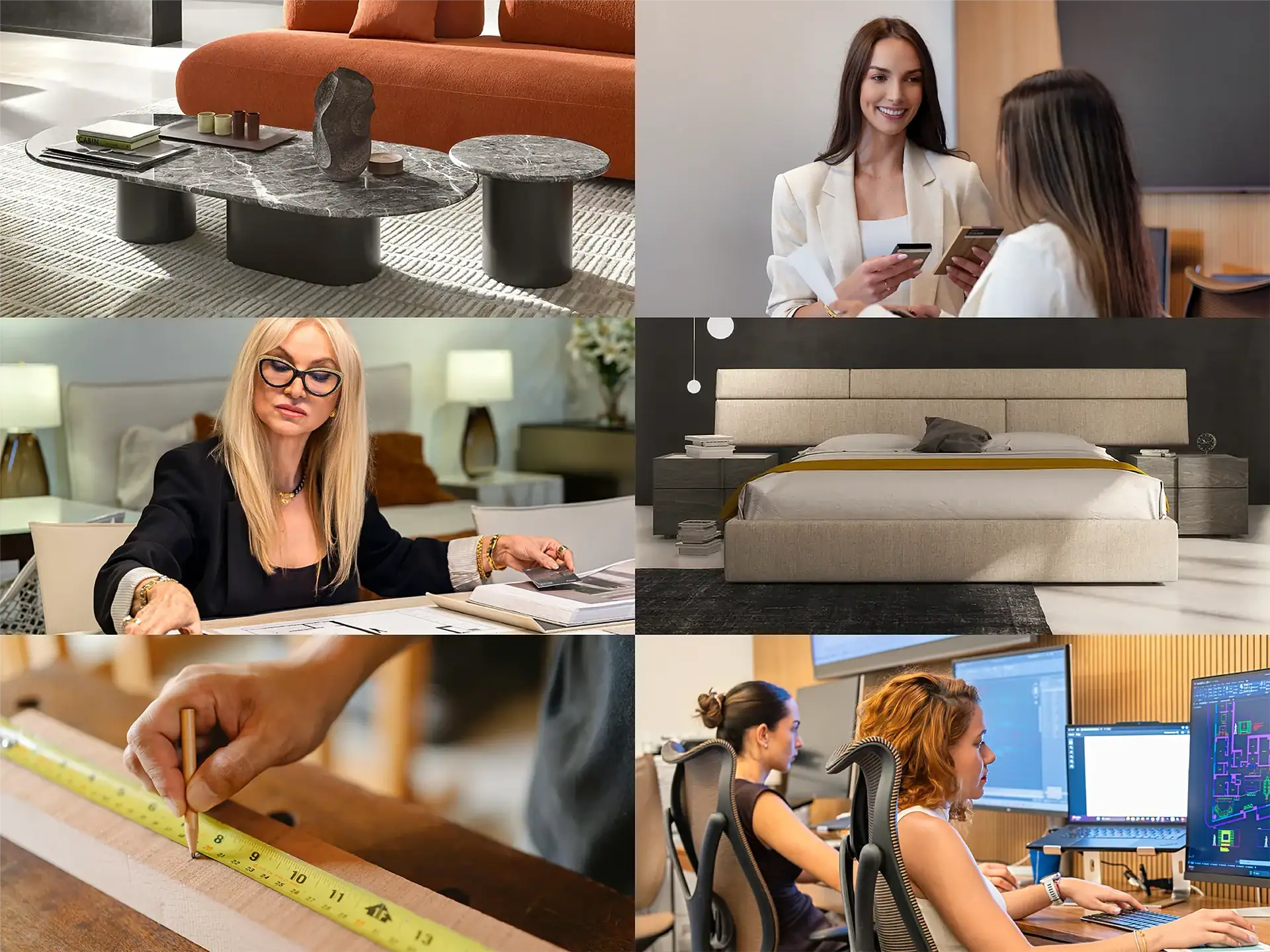 A six-panel collage showing interior design elements, women discussing payments, a designer working, a modern bedroom, a person measuring wood, and two women working on design software.
