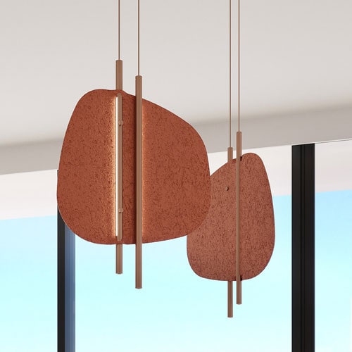 Modern pendant light fixture with terracotta-colored shades and slim vertical accents.