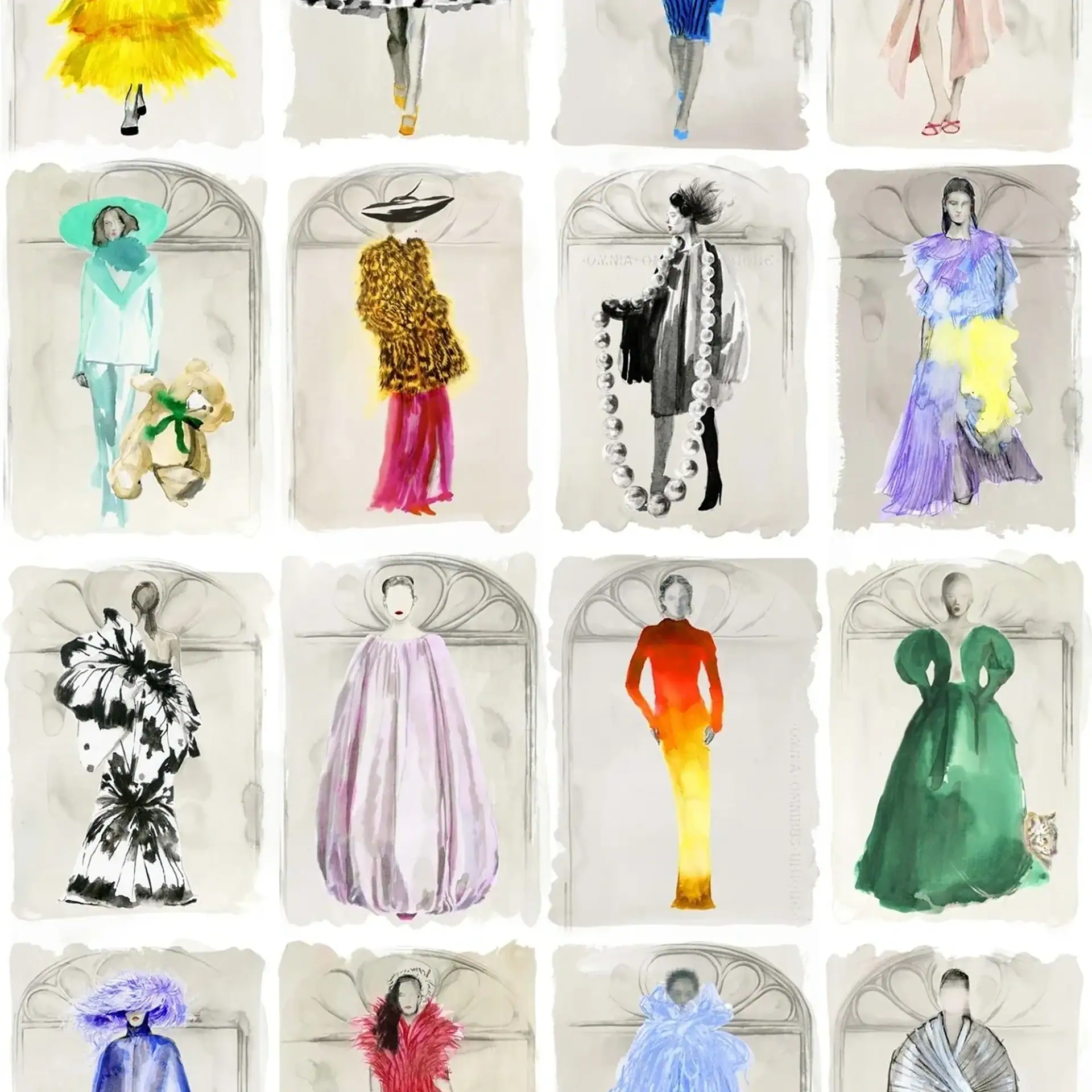 A grid of 16 watercolor fashion illustrations featuring various figures in colorful and stylish outfits, including dresses, suits, and coats, against light grey backgrounds.