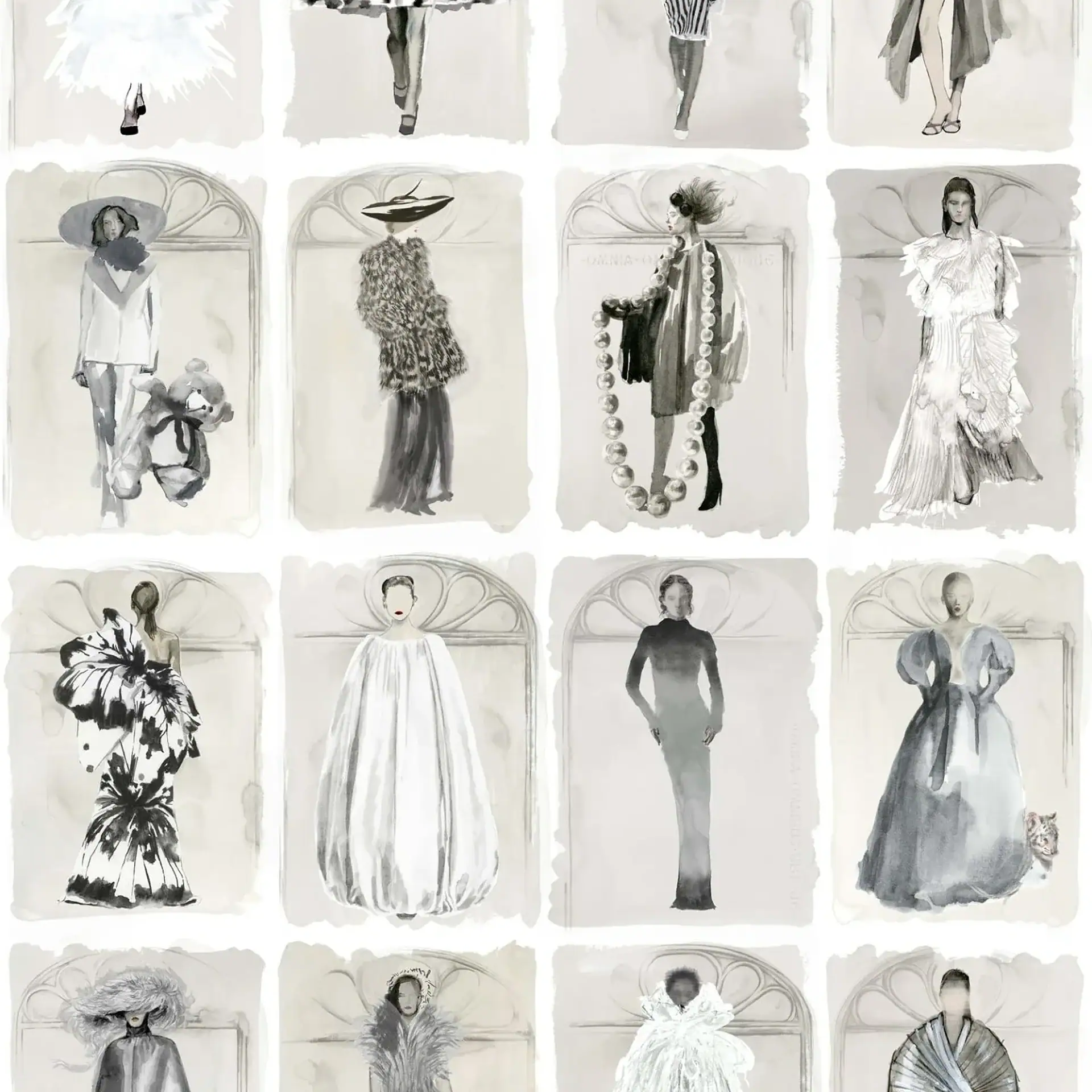 A grid of 16 grayscale fashion illustrations, each depicting a stylized female figure in a unique, high-fashion outfit, some with red lips.