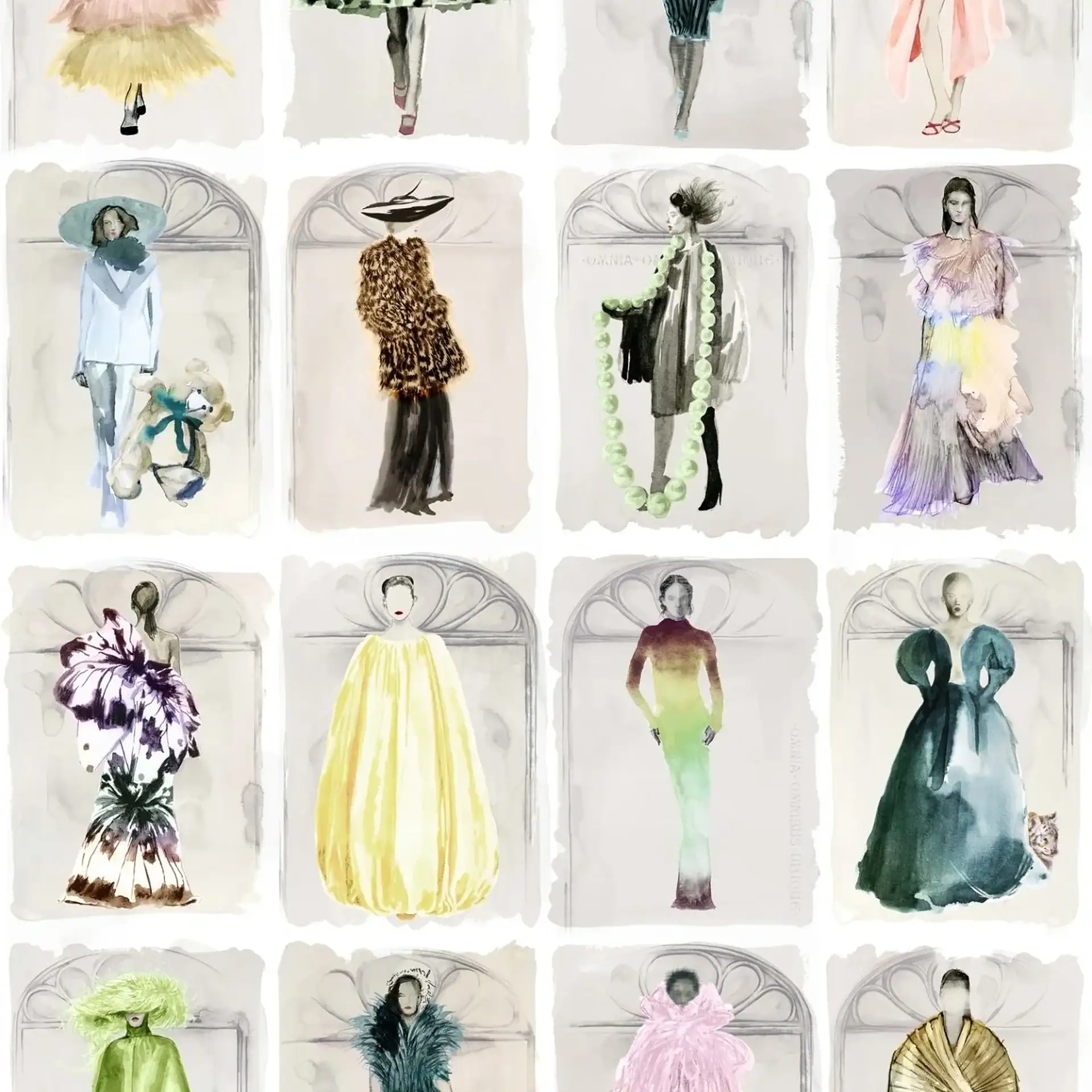 A grid of 16 watercolor fashion illustrations, each depicting a female figure in a unique, elaborate outfit.
