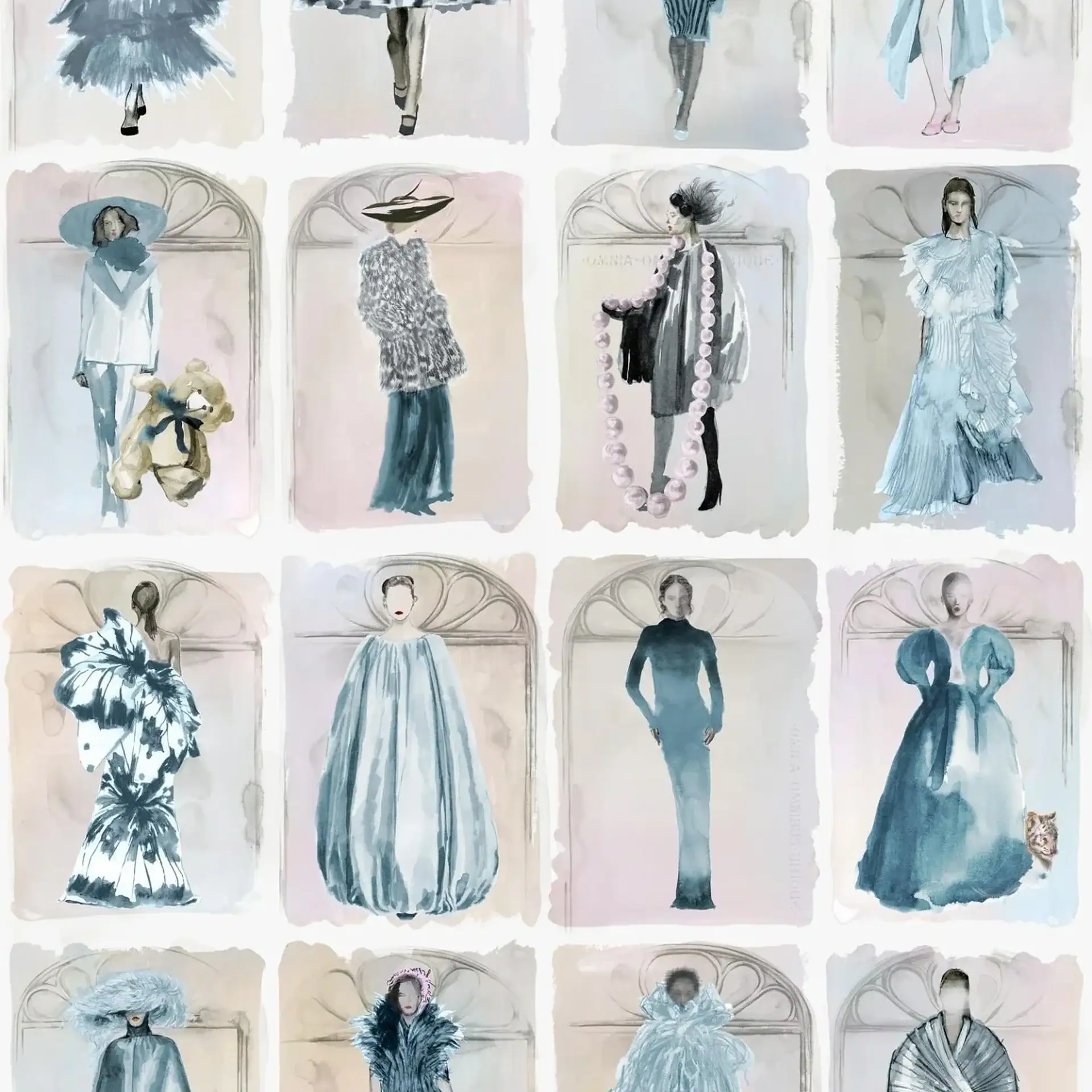 A grid of sixteen watercolor fashion illustrations, predominantly featuring female figures in blue and grey haute couture outfits.