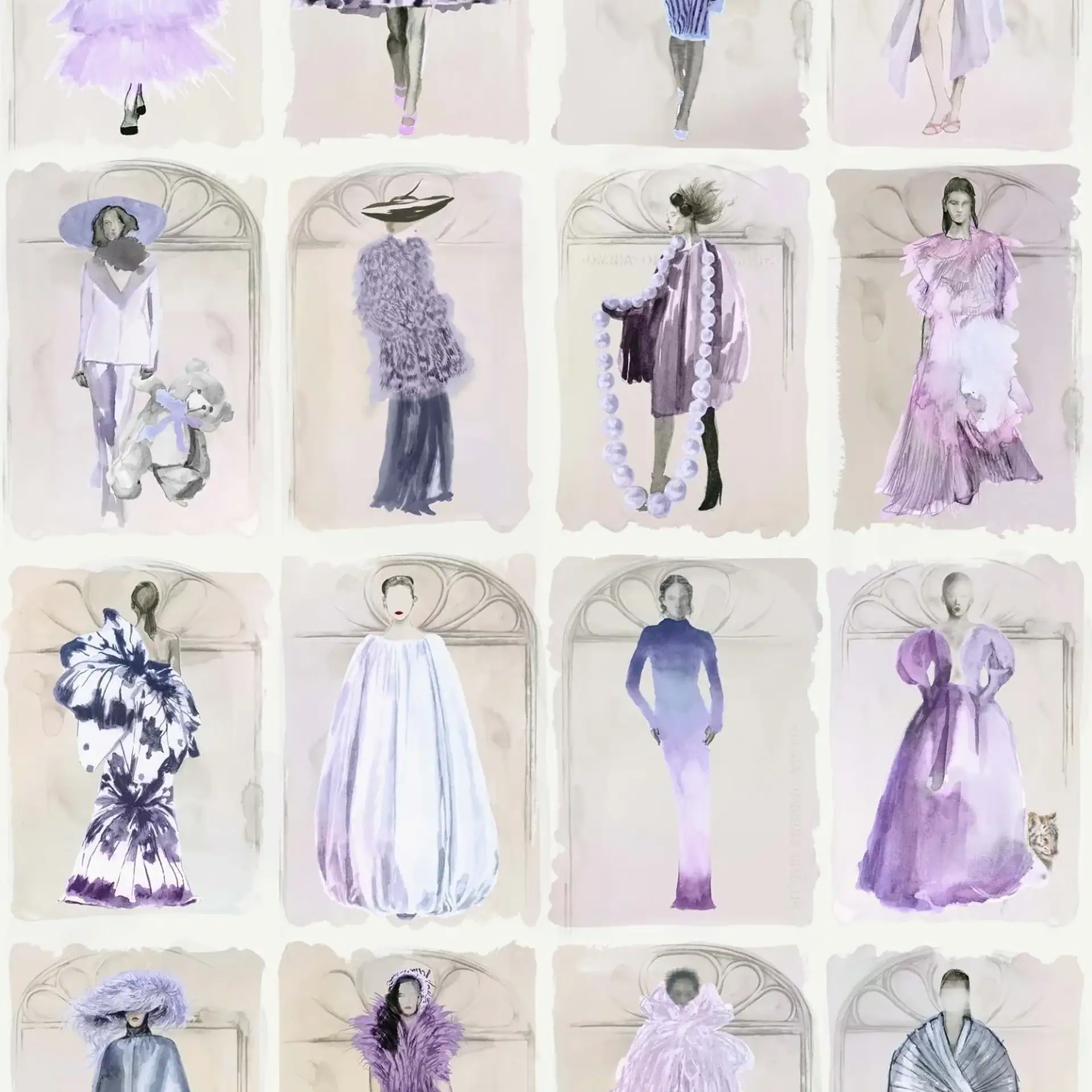 Grid of 16 watercolor fashion illustrations featuring female figures in various purple and lavender haute couture garments.