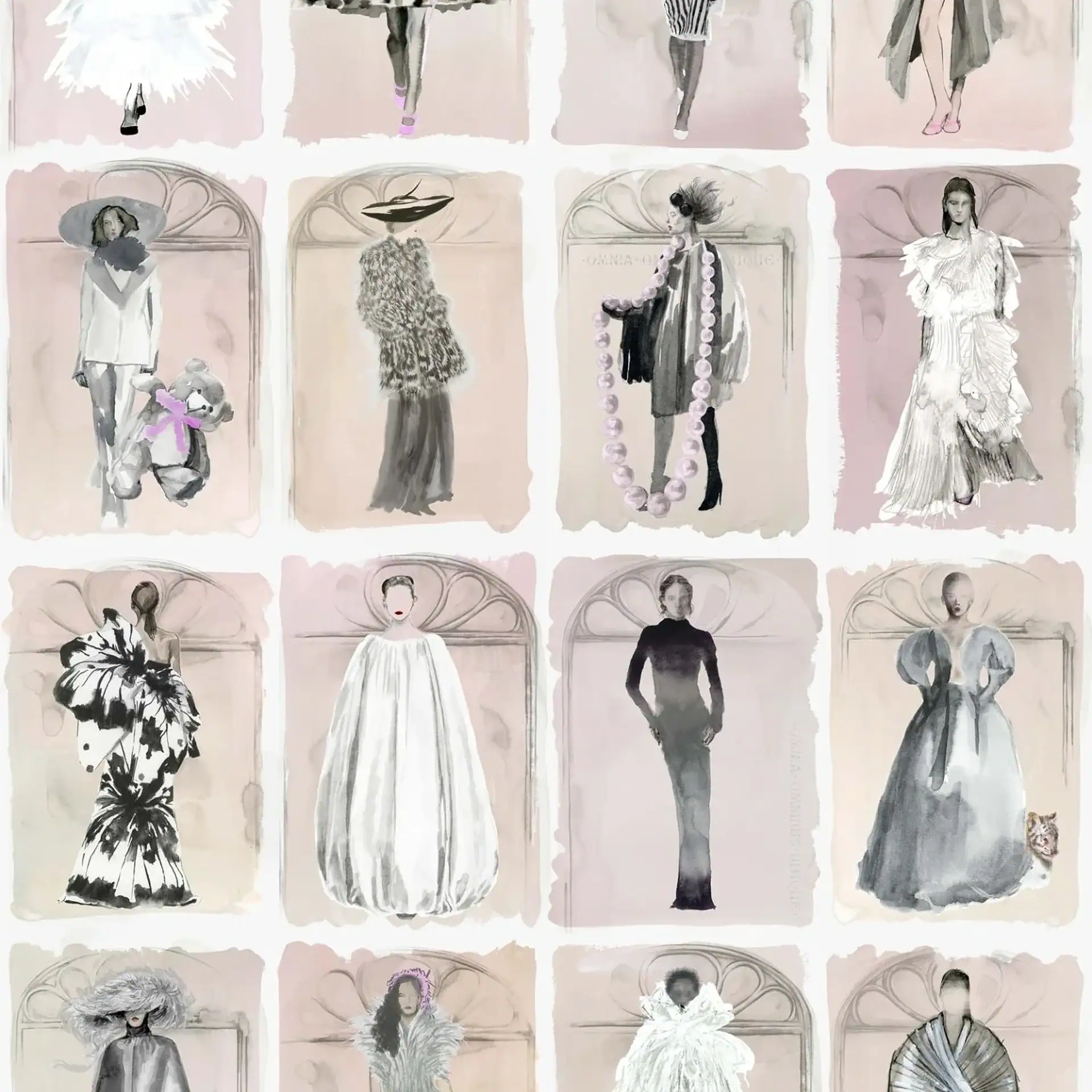 A grid of 16 watercolor fashion illustrations. Each panel features a stylized female figure in a unique outfit, including gowns, suits, and fur coats, against pale pink or beige backgrounds.
