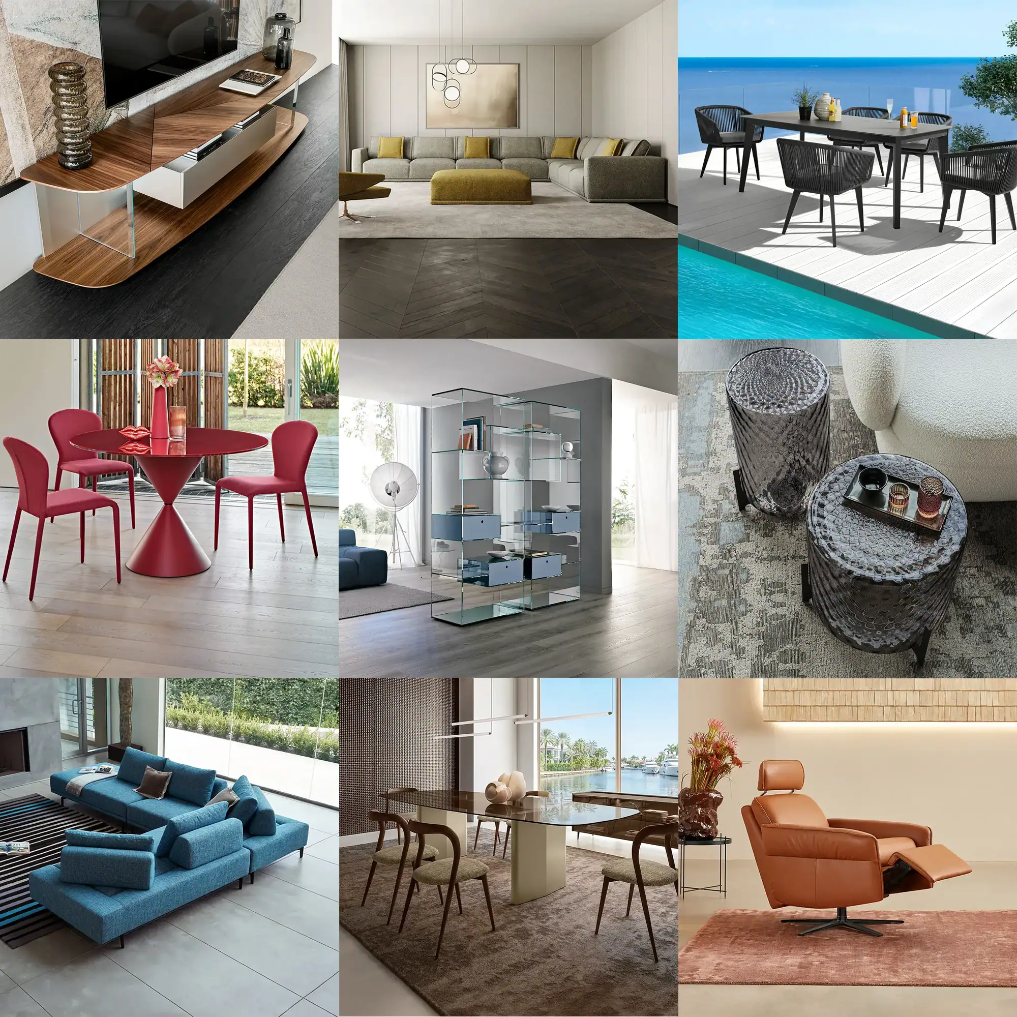A nine-panel collage of modern home interiors and an outdoor dining area. Scenes include a wood and glass TV console, a grey and yellow living room, an outdoor dining set by a pool, a red dining set, a glass shelving unit, textured side tables, a blue sectional sofa, a waterfront dining room, and a brown leather recliner.