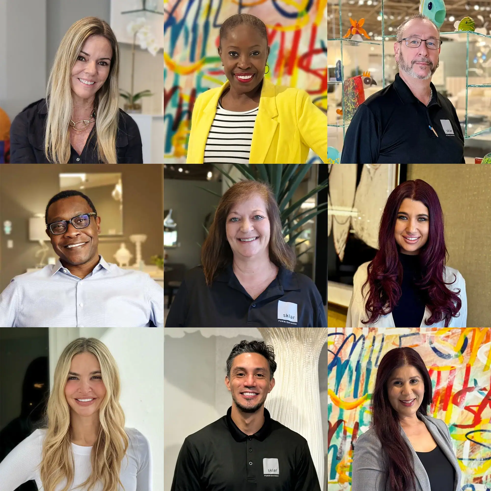 A 3x3 grid of nine smiling people, featuring men and women with various hairstyles and clothing, some wearing 'sklar furnishings' polo shirts.