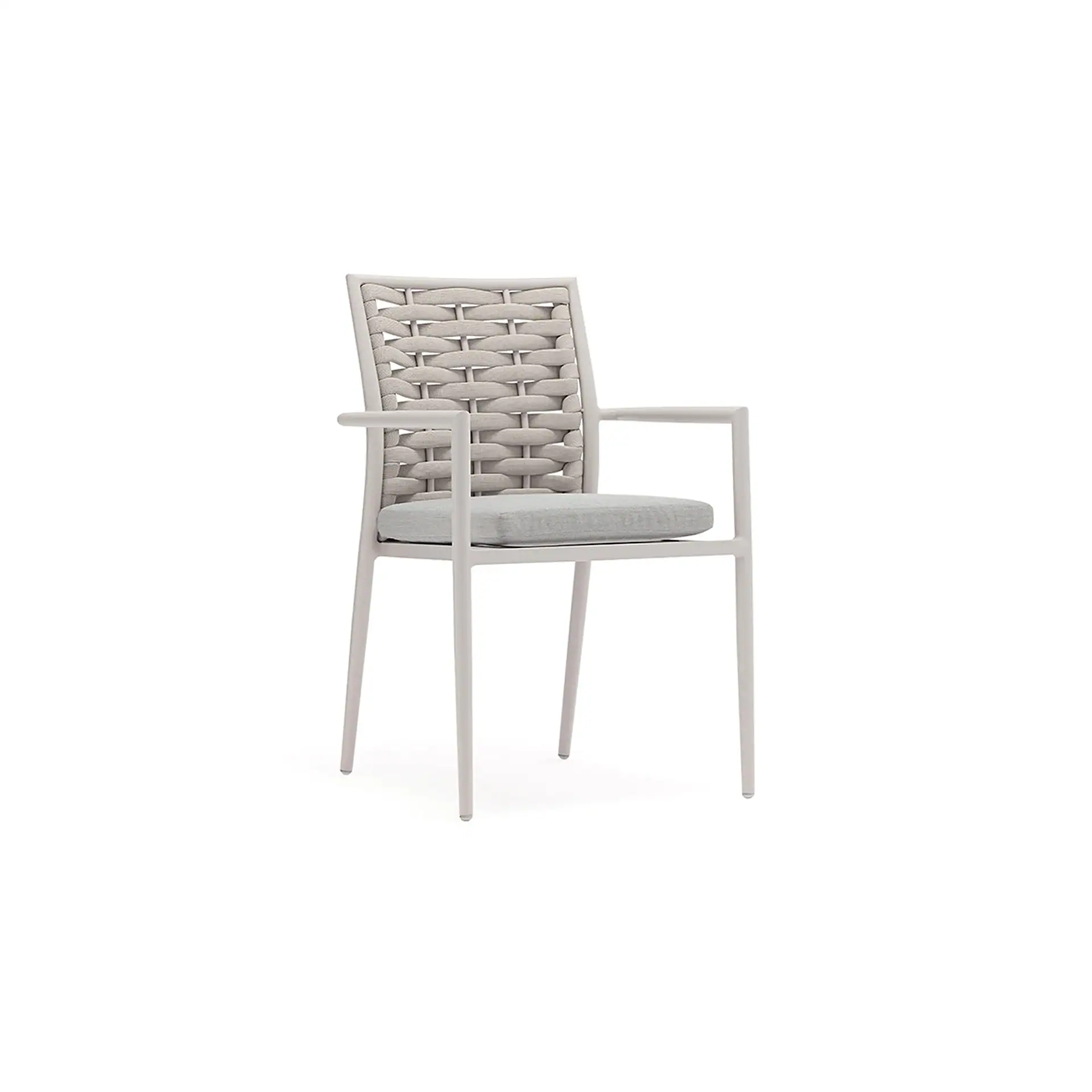 Light gray outdoor dining chair with woven backrest and light gray seat cushion on a white background.