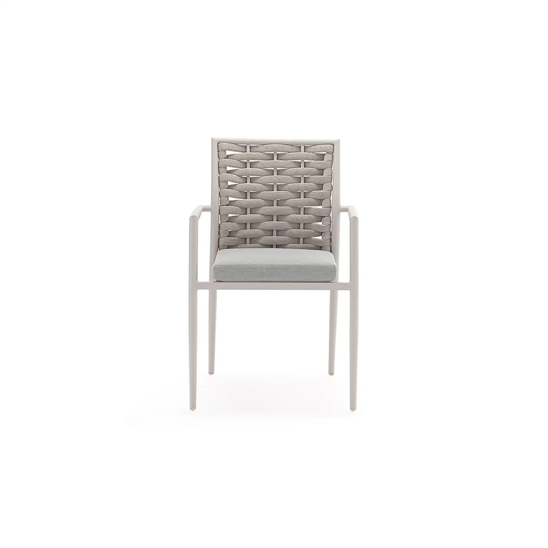 A light grey contemporary dining chair with a woven backrest and a light grey seat cushion, presented on a white background.