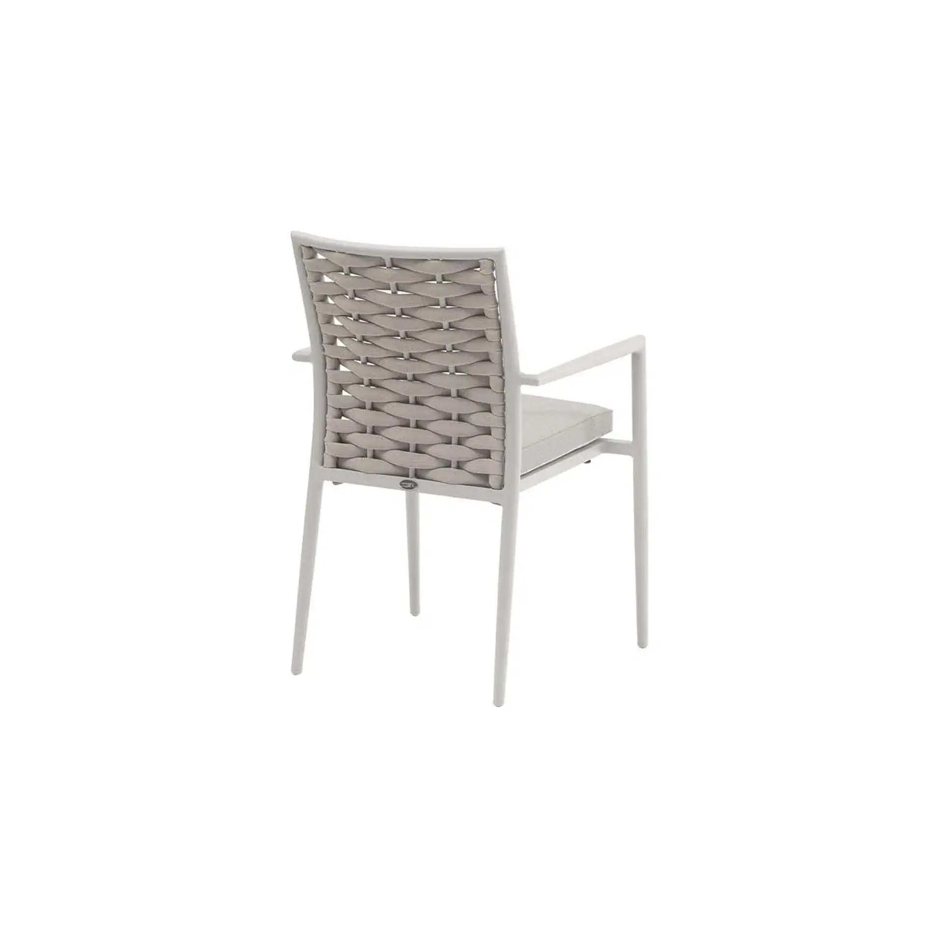 Light grey outdoor dining chair with a woven backrest and seat cushion.