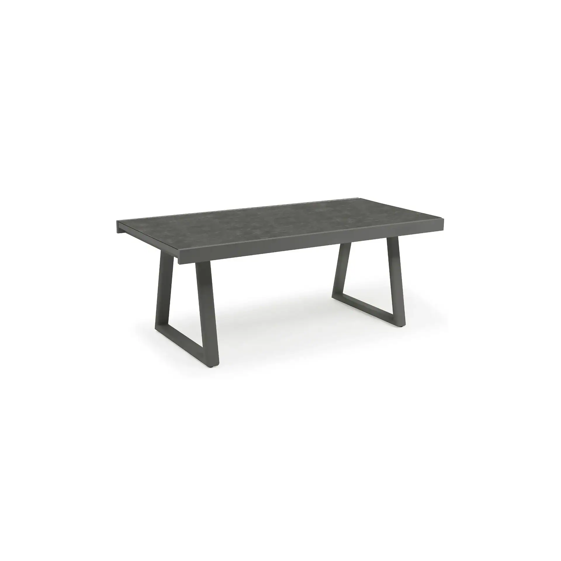 A rectangular dark gray coffee table with a textured top and metal V-shaped legs on a white background.