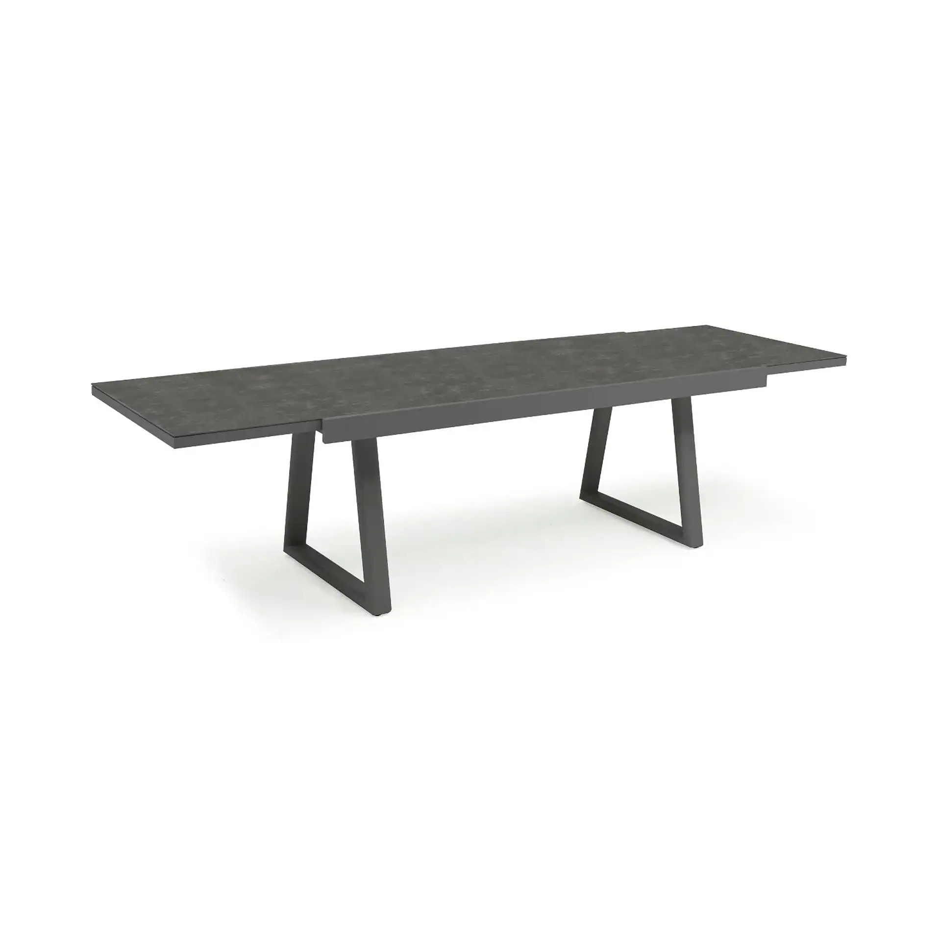 A dark gray rectangular dining table with a textured top and metal U-shaped legs, shown on a white background.