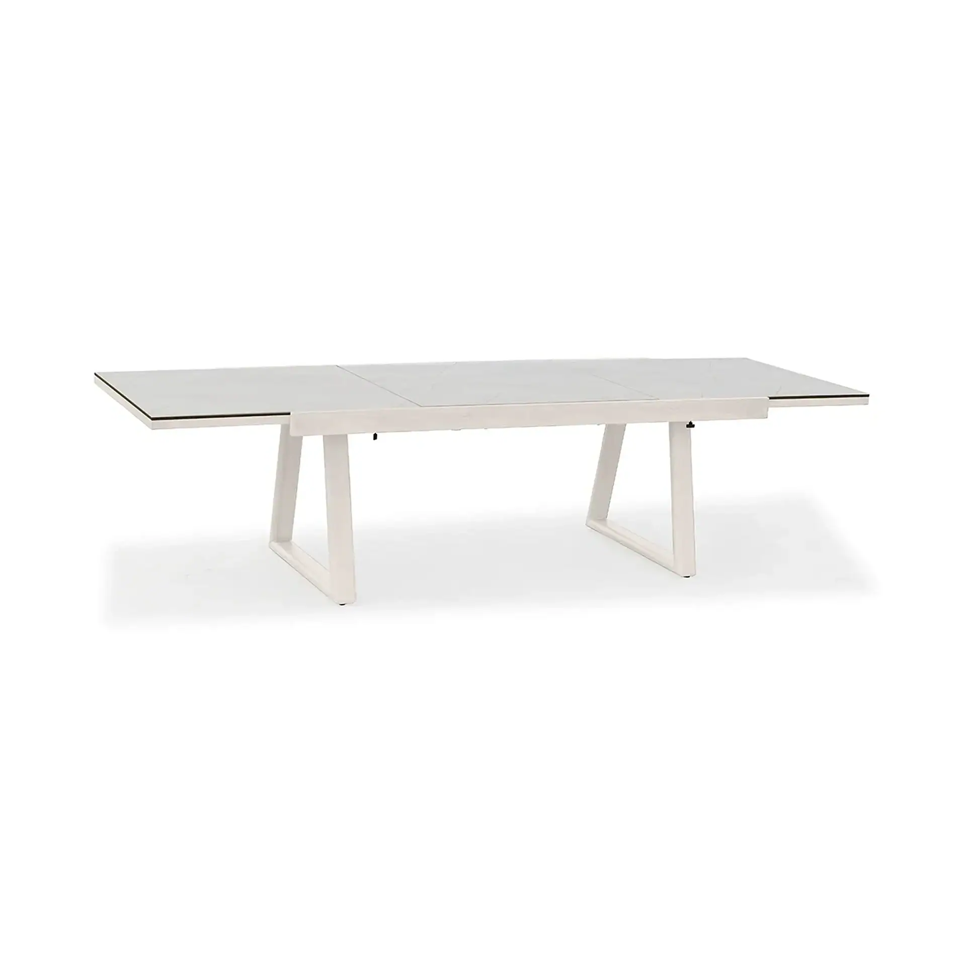 A white extendable dining table with a light grey, marble-patterned top and A-frame legs, set against a white background.
