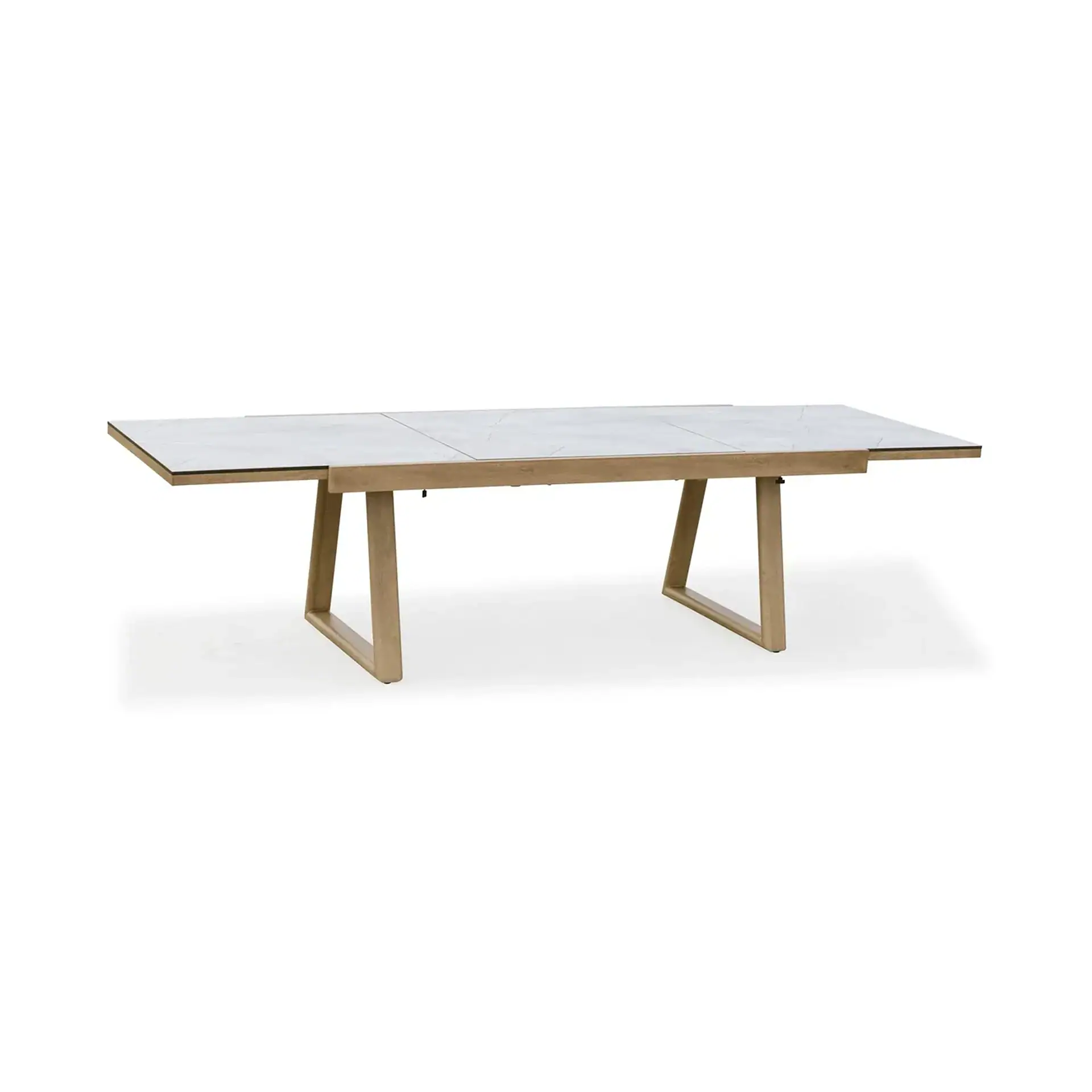 A long, rectangular dining table with a light marble-patterned top and light wooden, angular legs, shown against a white background.