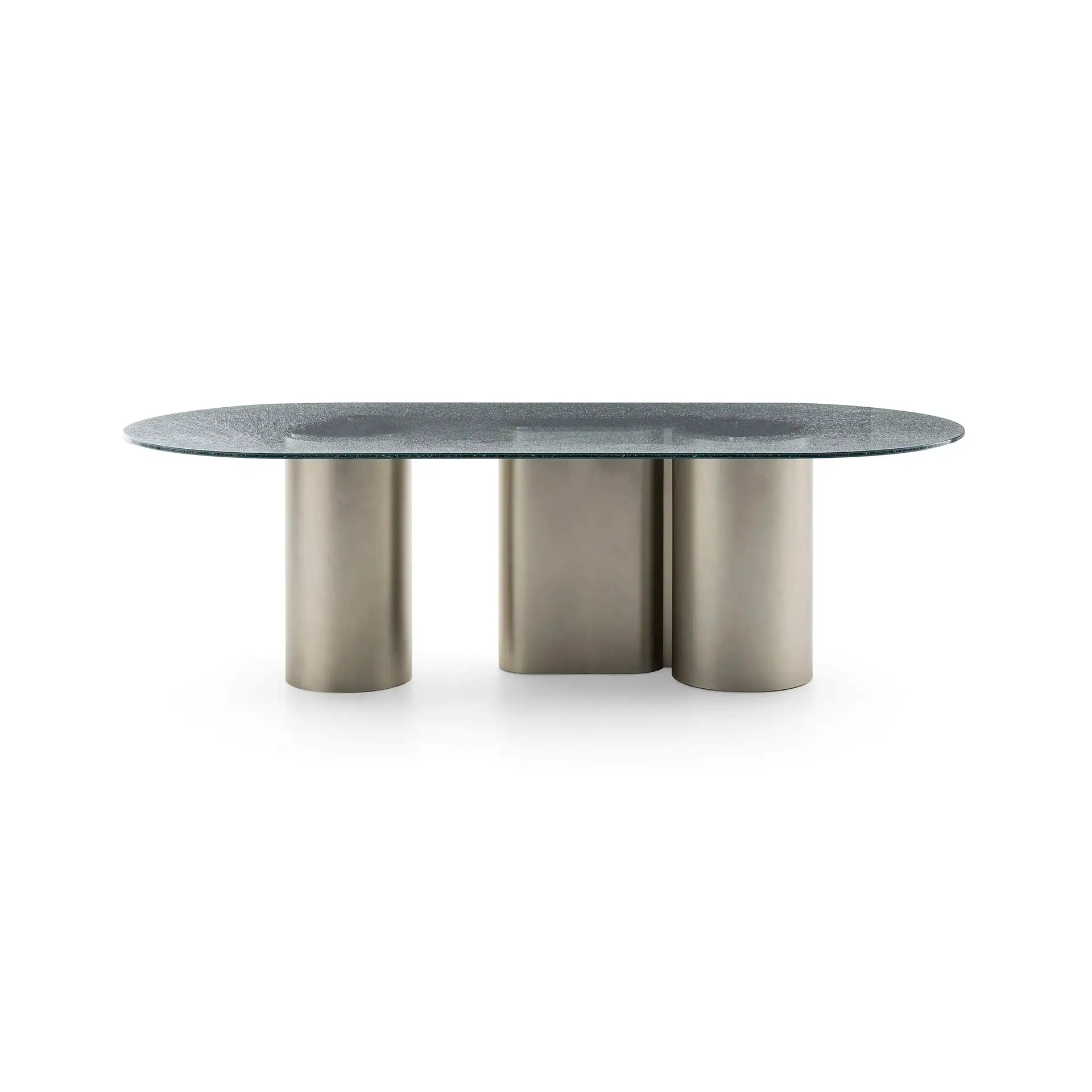 Modern oval table with a textured dark grey glass top and three metallic cylindrical bases on a white background.