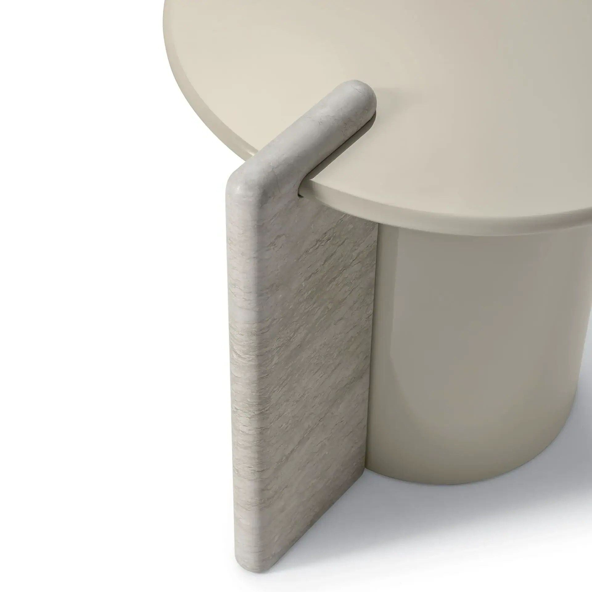 A modern side table with a light beige circular top and cylindrical base, featuring a curved, grey marble support with natural veining.