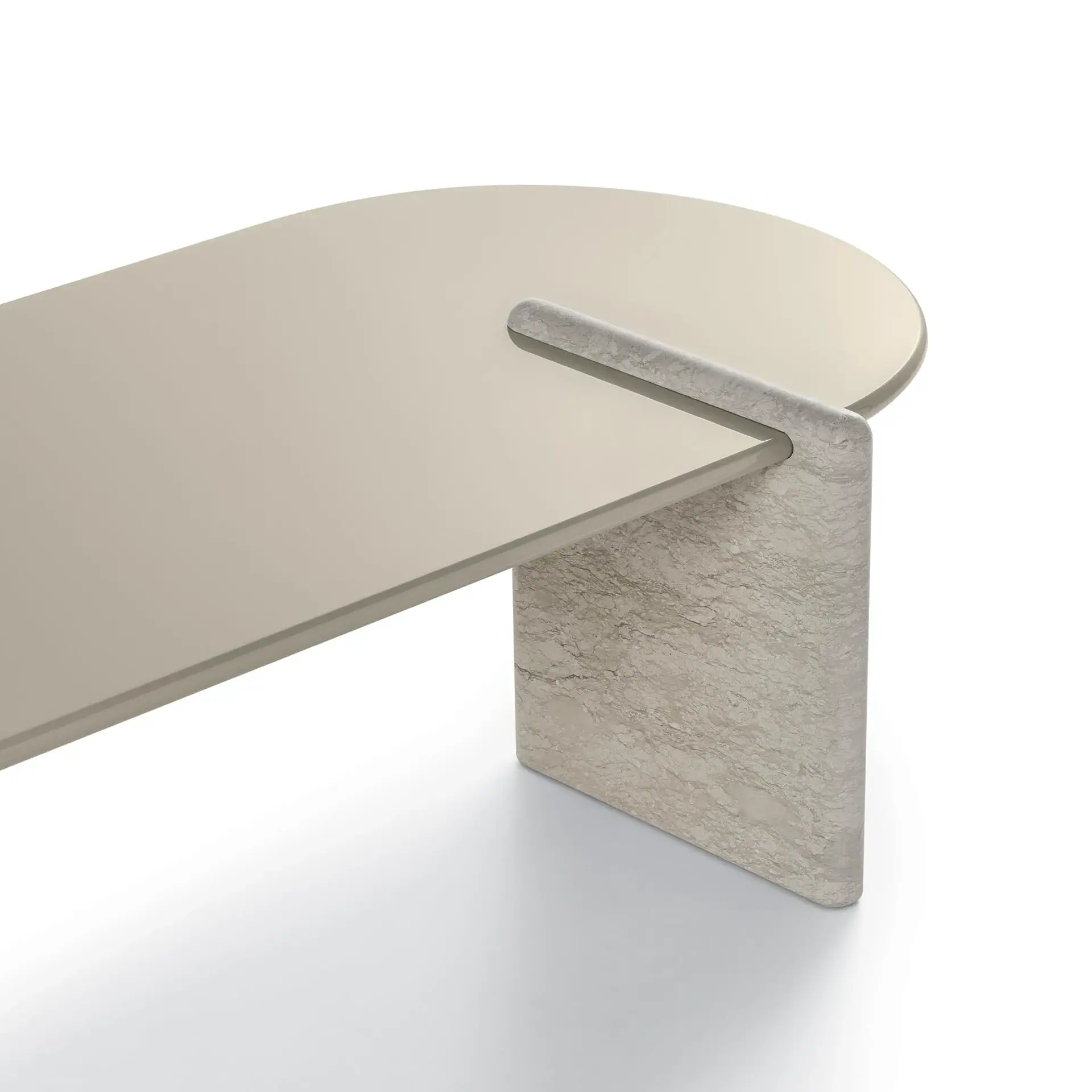 Modern coffee table with a light beige oval top and a curved, veined light grey marble base.