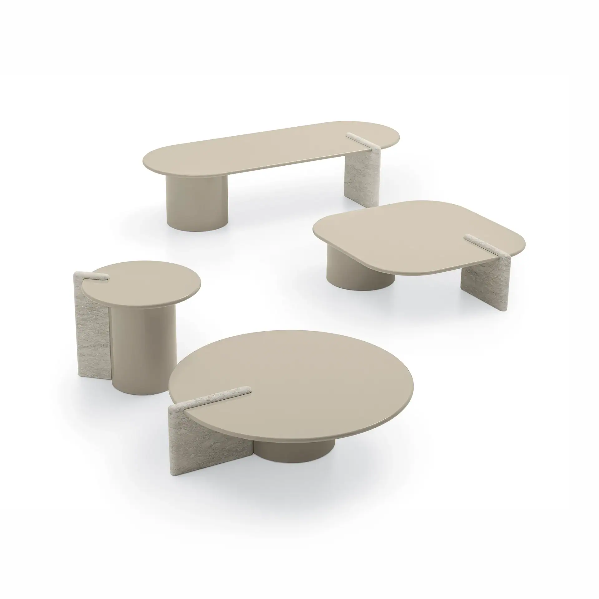 Four modern beige tables in various shapes, including oval, circular, and irregular square, each featuring a textured light stone accent, displayed on a white background.