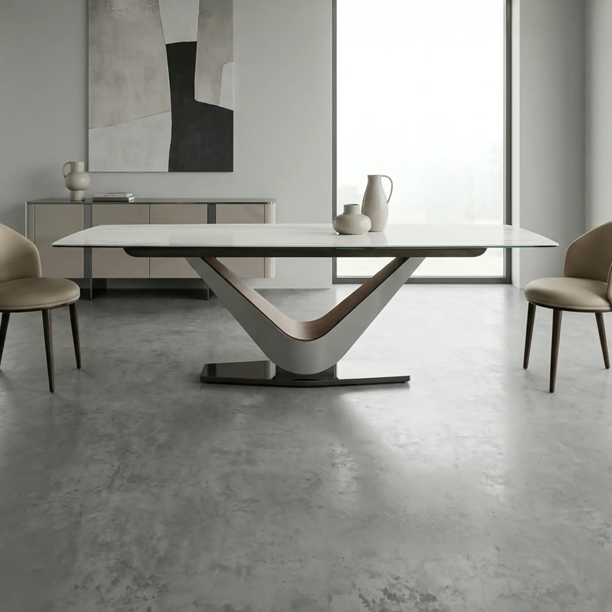 A modern dining room with a white-topped table, V-shaped silver and wood base, two beige chairs, and minimalist grey decor, including abstract art and vases.
