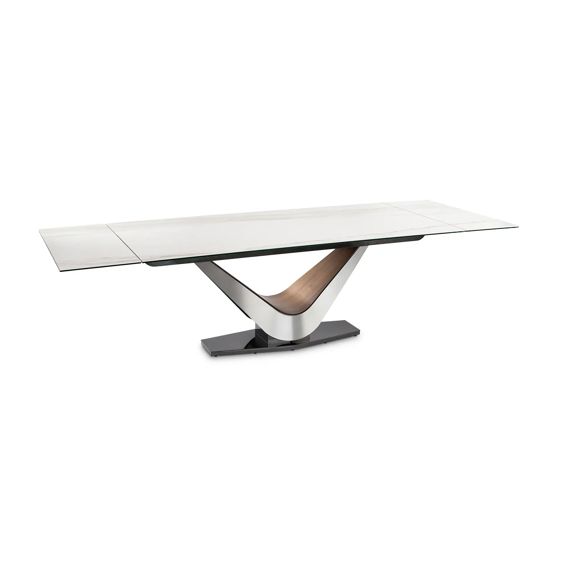 A modern rectangular dining table with a white and grey marble-patterned glass top and a V-shaped base made of brushed metal and wood, resting on a black platform.