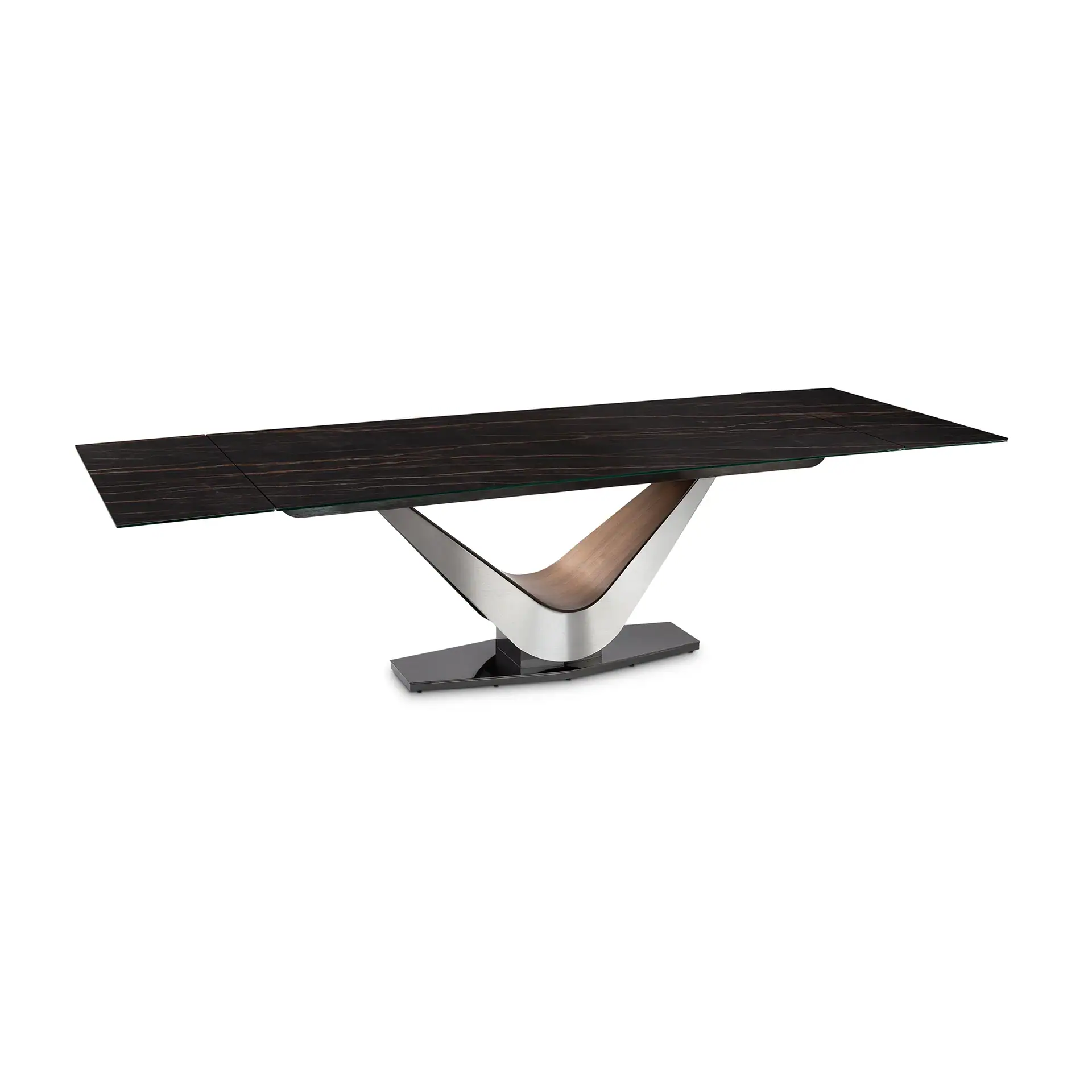 Modern dining table with a dark rectangular wood top, clear glass layer, and a V-shaped base made of brushed metal and light wood, on a black rectangular pedestal.