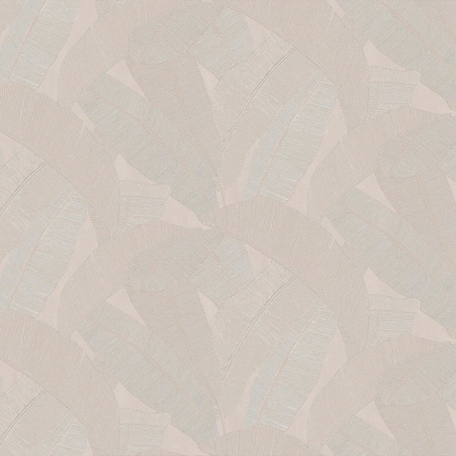 A light beige wallpaper with an embossed pattern of overlapping, stylized leaves featuring fine parallel lines.