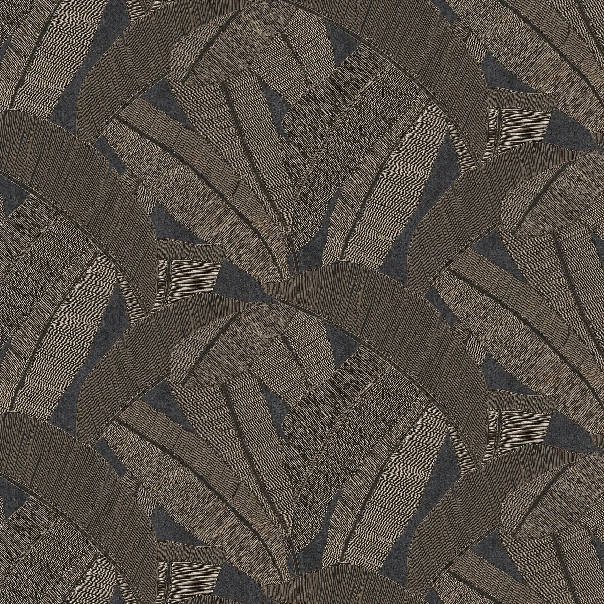 Seamless pattern of textured bronze banana leaves on a dark gray background.