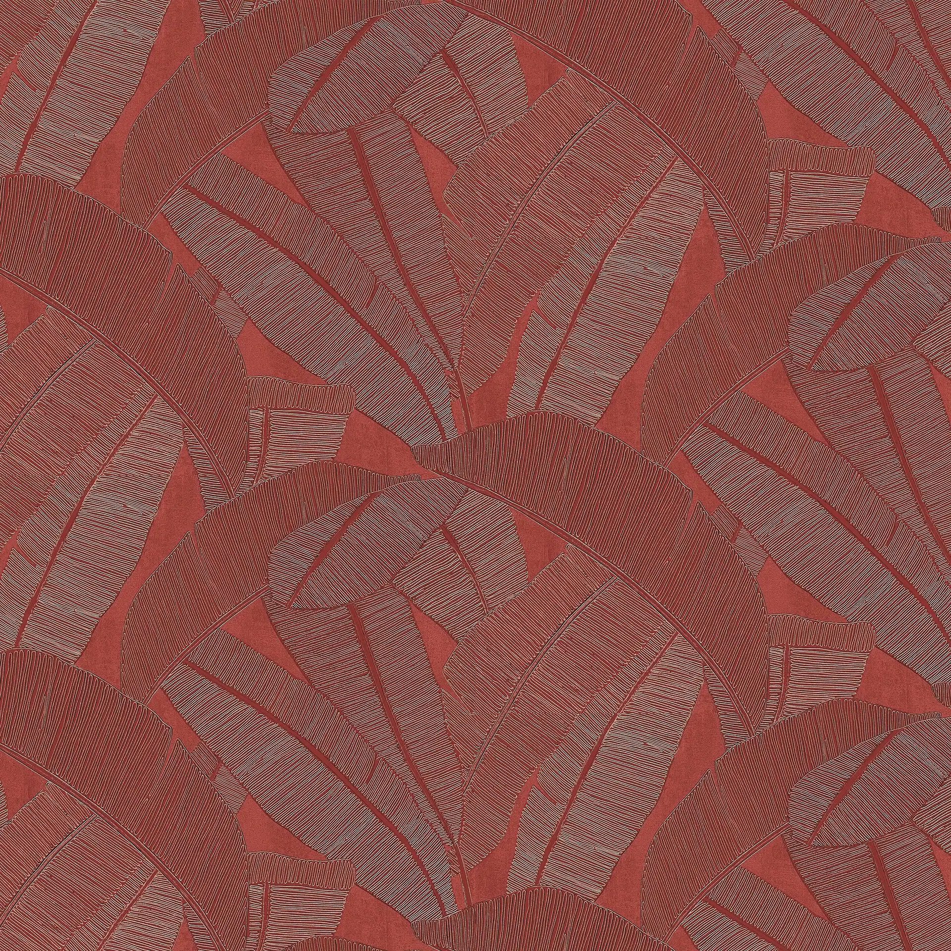 Seamless pattern of reddish-brown stylized leaves with fine etched lines on a terracotta background.