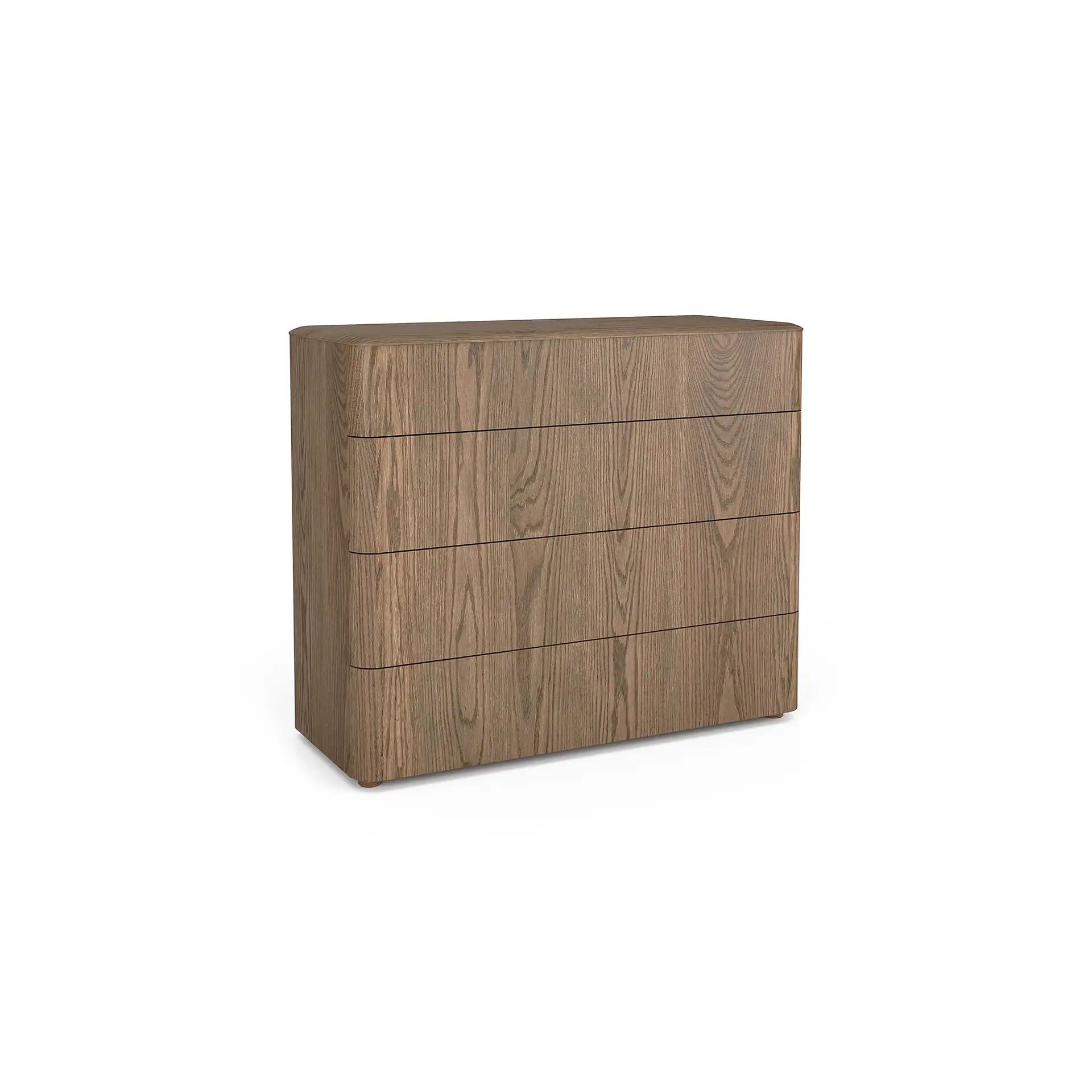 A modern four-drawer wood dresser with rounded corners and a visible grain, shown against a white background.