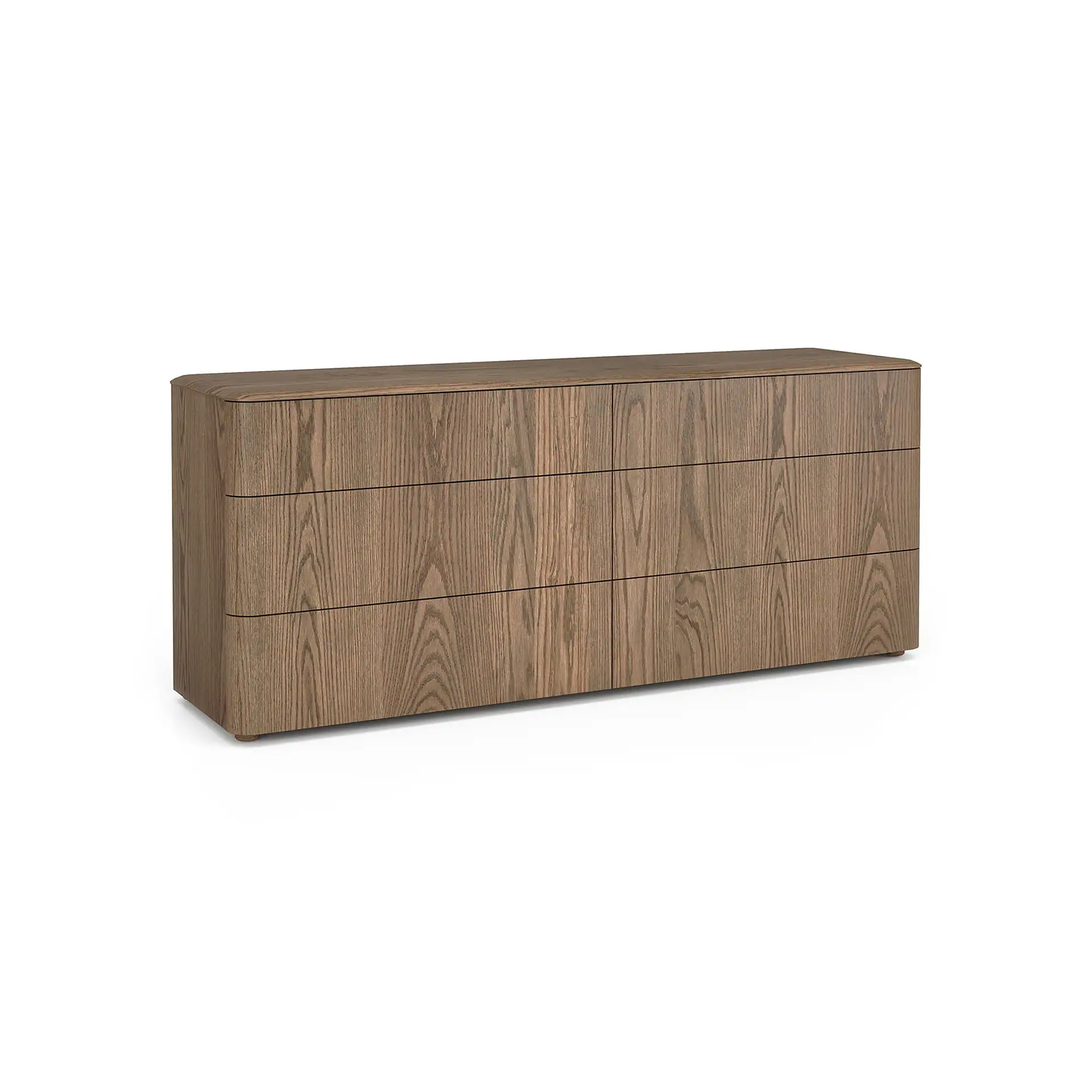 A long, modern wooden dresser with six handle-less drawers and rounded corners, set against a white background.