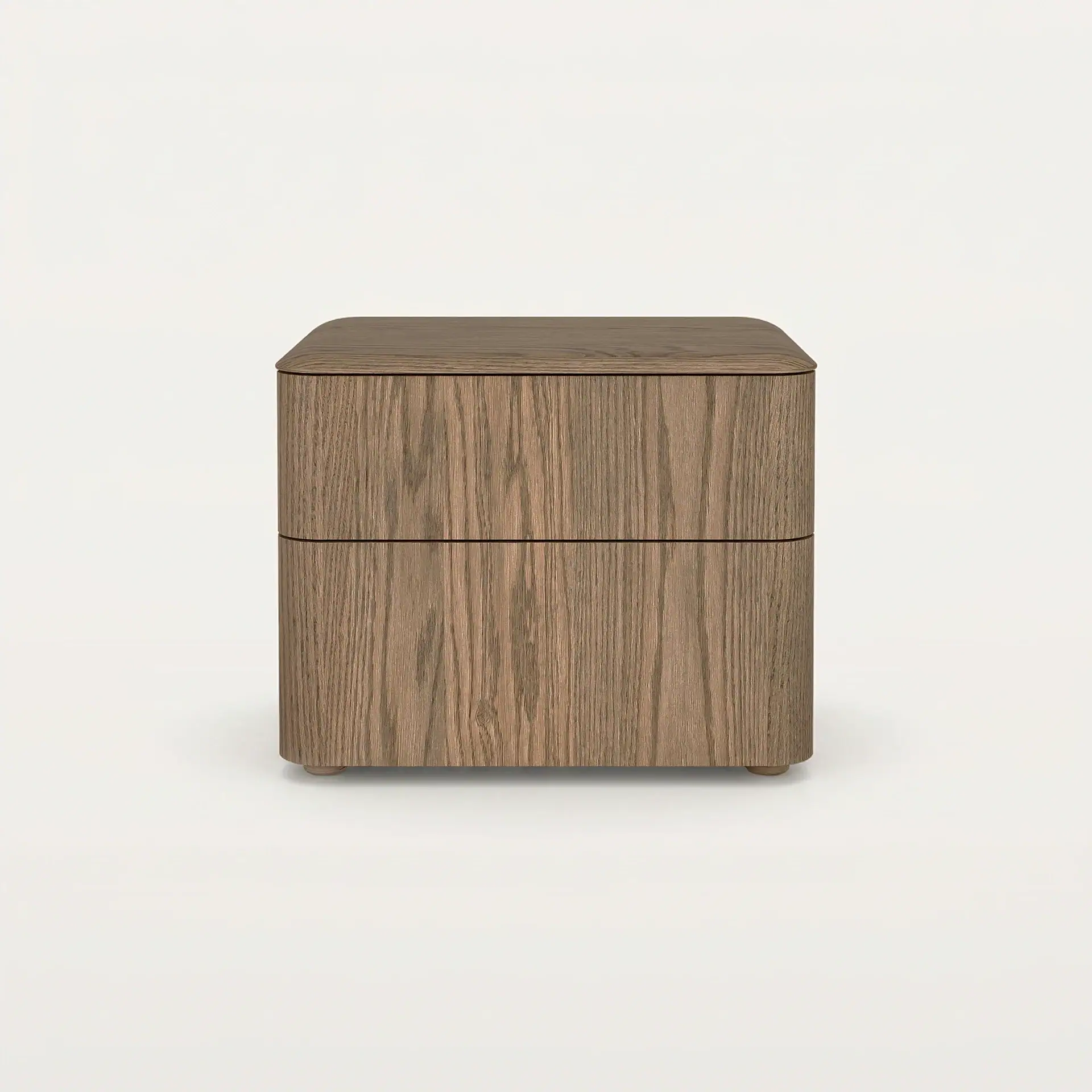 A square, two-drawer wooden nightstand with rounded edges and a natural wood grain finish, standing on small feet against a light background.