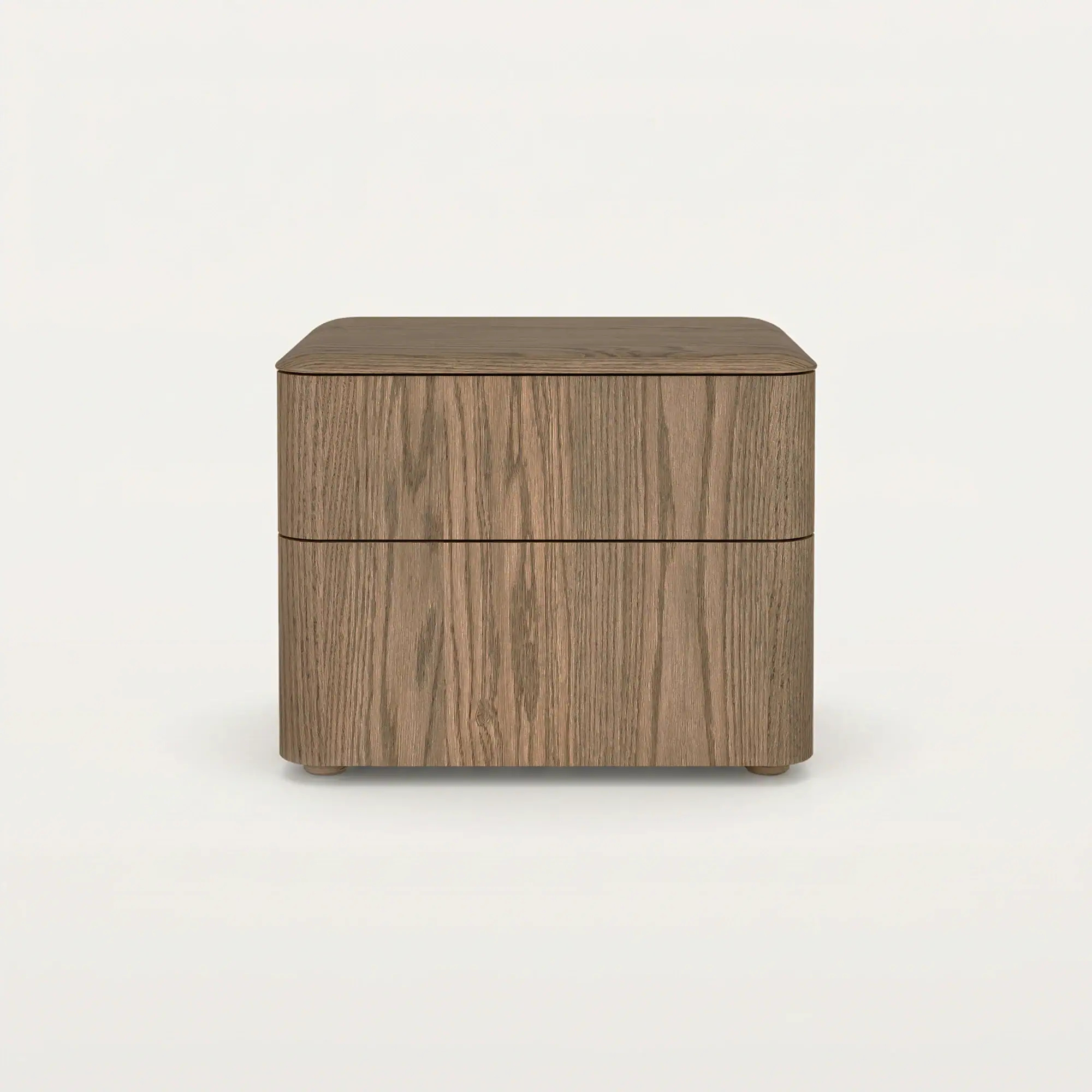 A square, two-drawer wooden nightstand with rounded edges and a natural wood grain finish, standing on small feet against a light background.