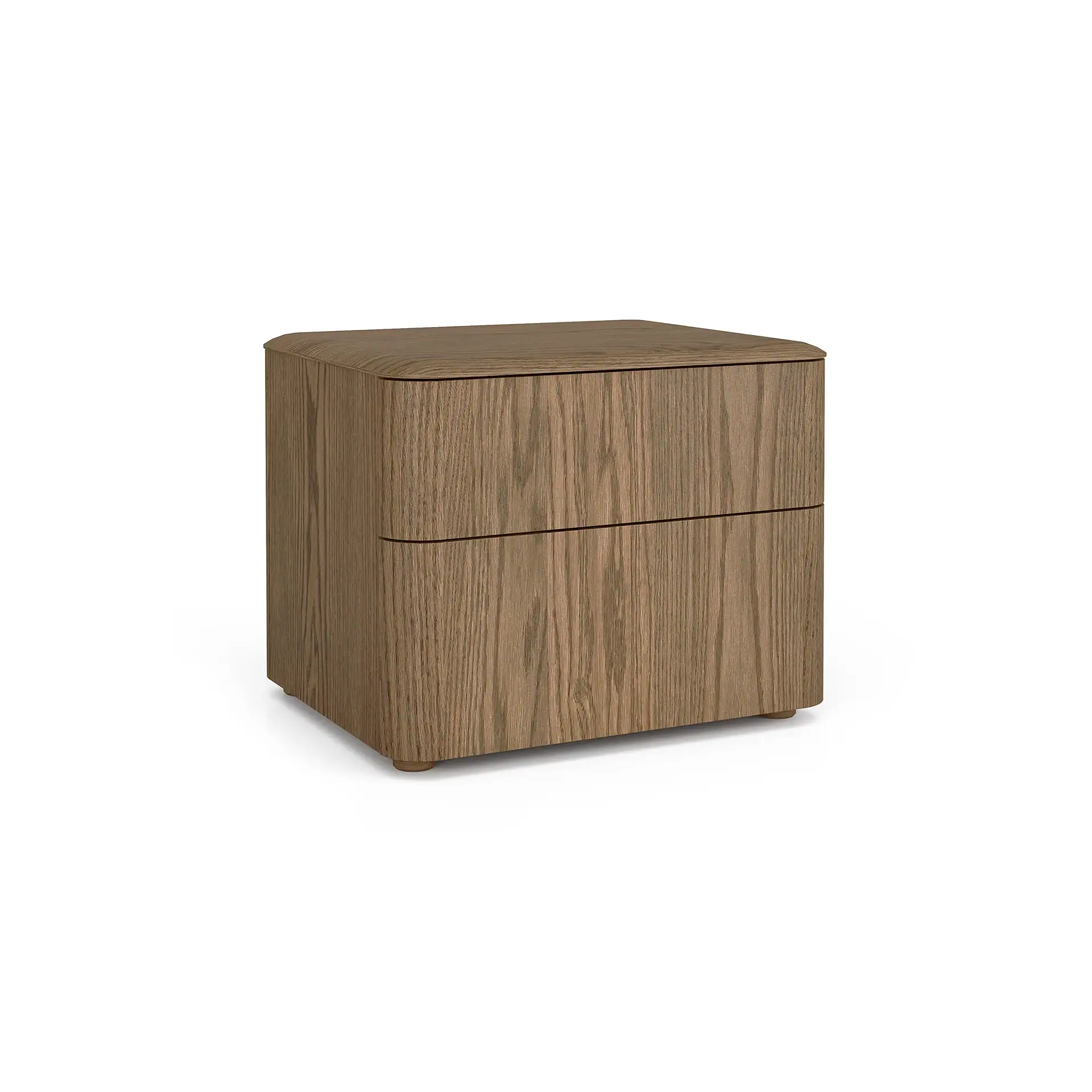 A modern wooden nightstand with two drawers and rounded corners, featuring a light brown wood grain finish, on a white background.