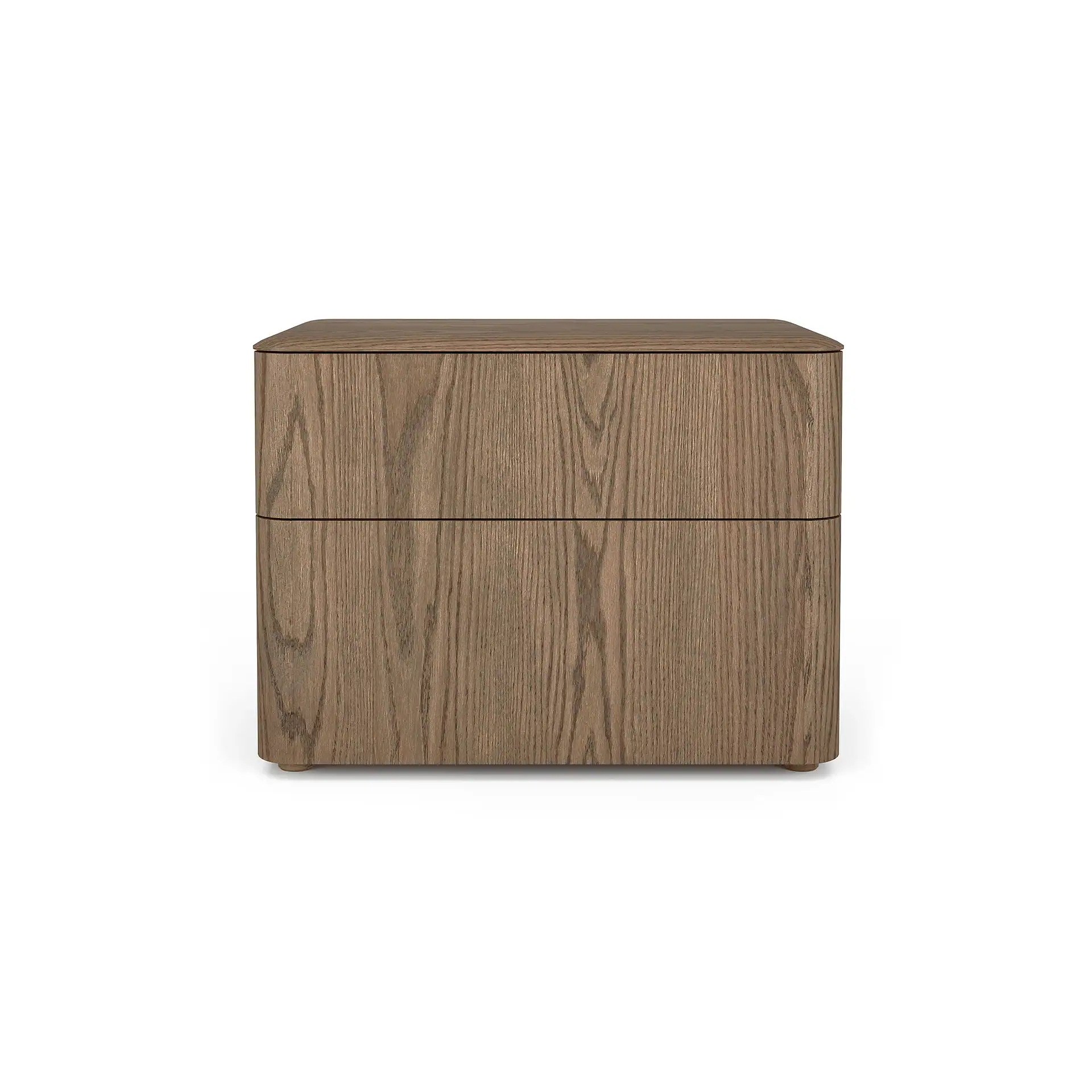 A modern light brown wood nightstand with two handleless drawers and rounded corners, isolated on a white background.