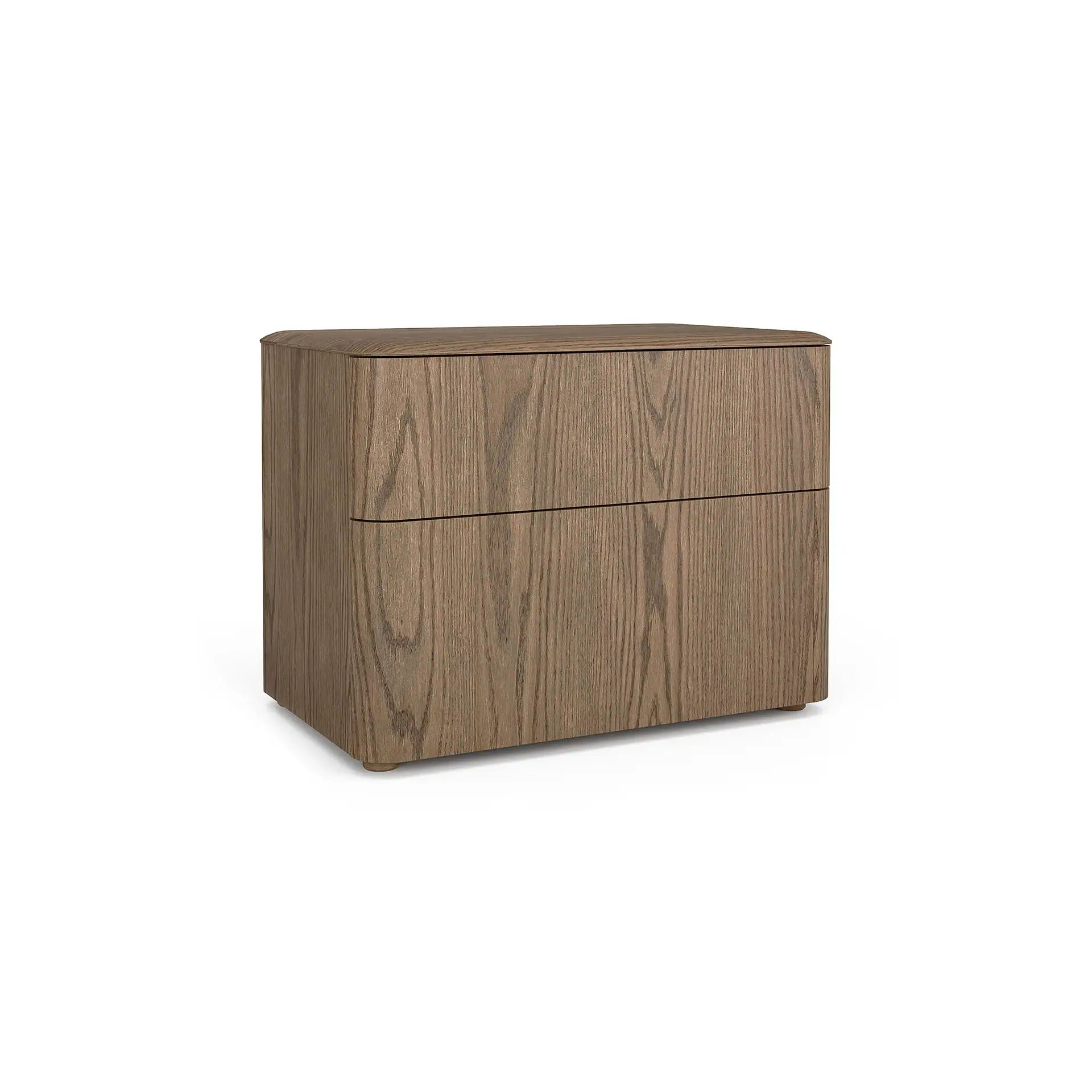 A two-drawer wooden nightstand with rounded corners, a medium brown wood grain, and small circular feet, set against a white background.