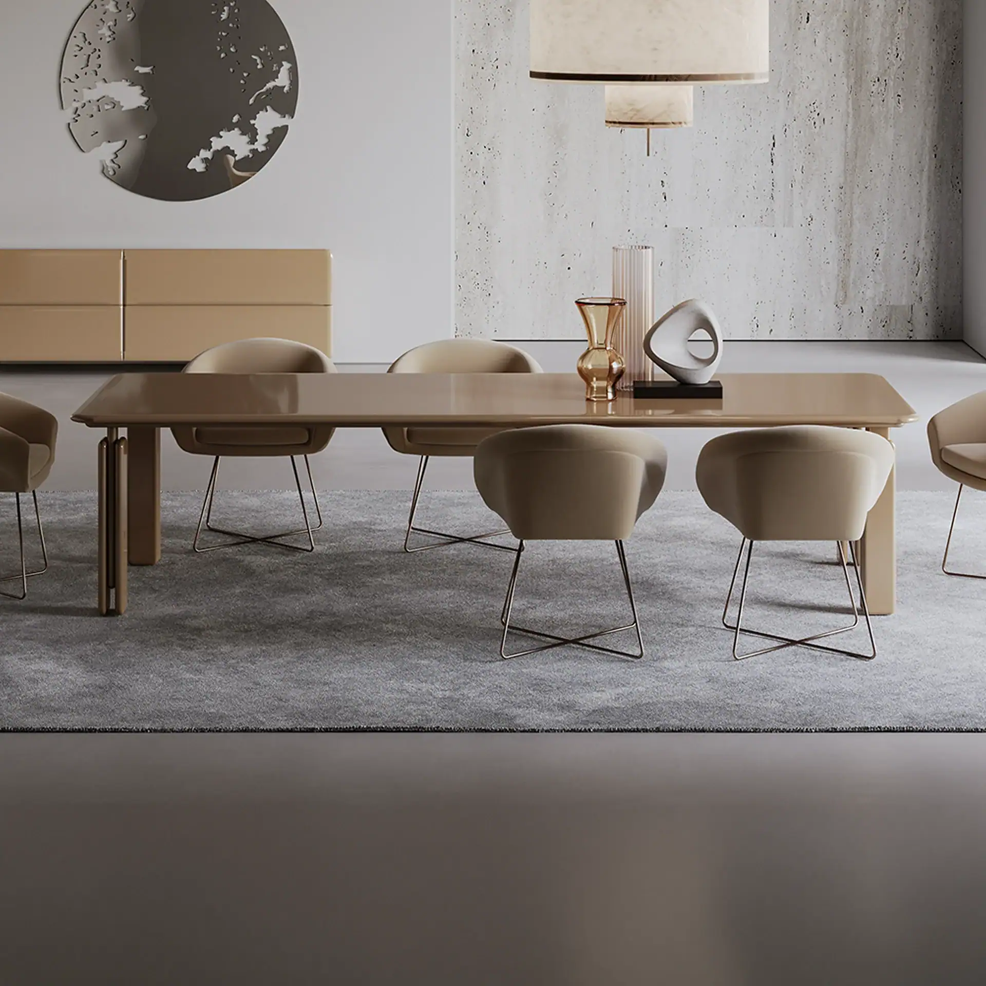 A modern dining room with a rectangular taupe table, six beige upholstered chairs with bronze metal legs, a gray rug, and minimalist decor including vases and an abstract sculpture.