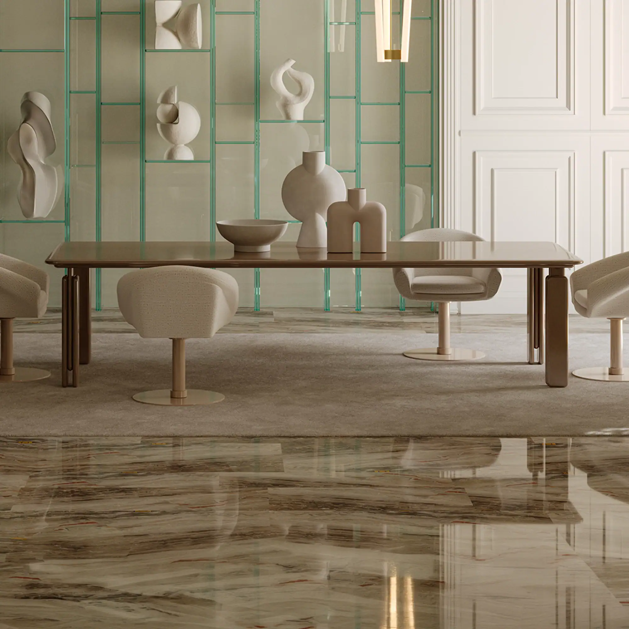A modern dining room with a rectangular table, four contemporary chairs, and abstract sculptures on a glass shelving unit, set against a marble floor and beige rug.