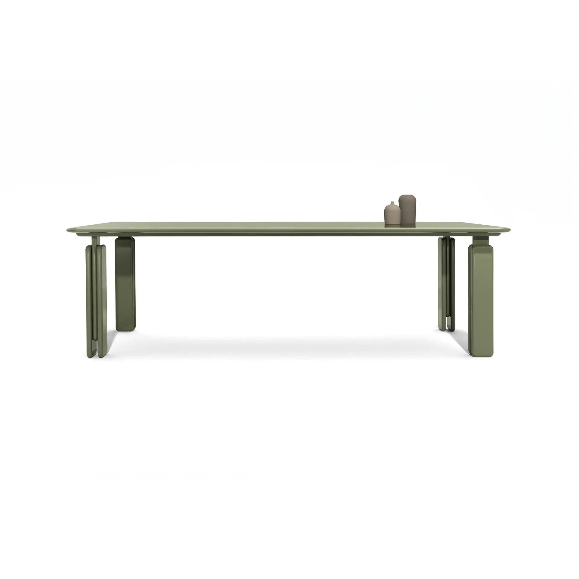 An olive green rectangular table with distinctive layered legs on a white background. Two decorative vases sit on the table.