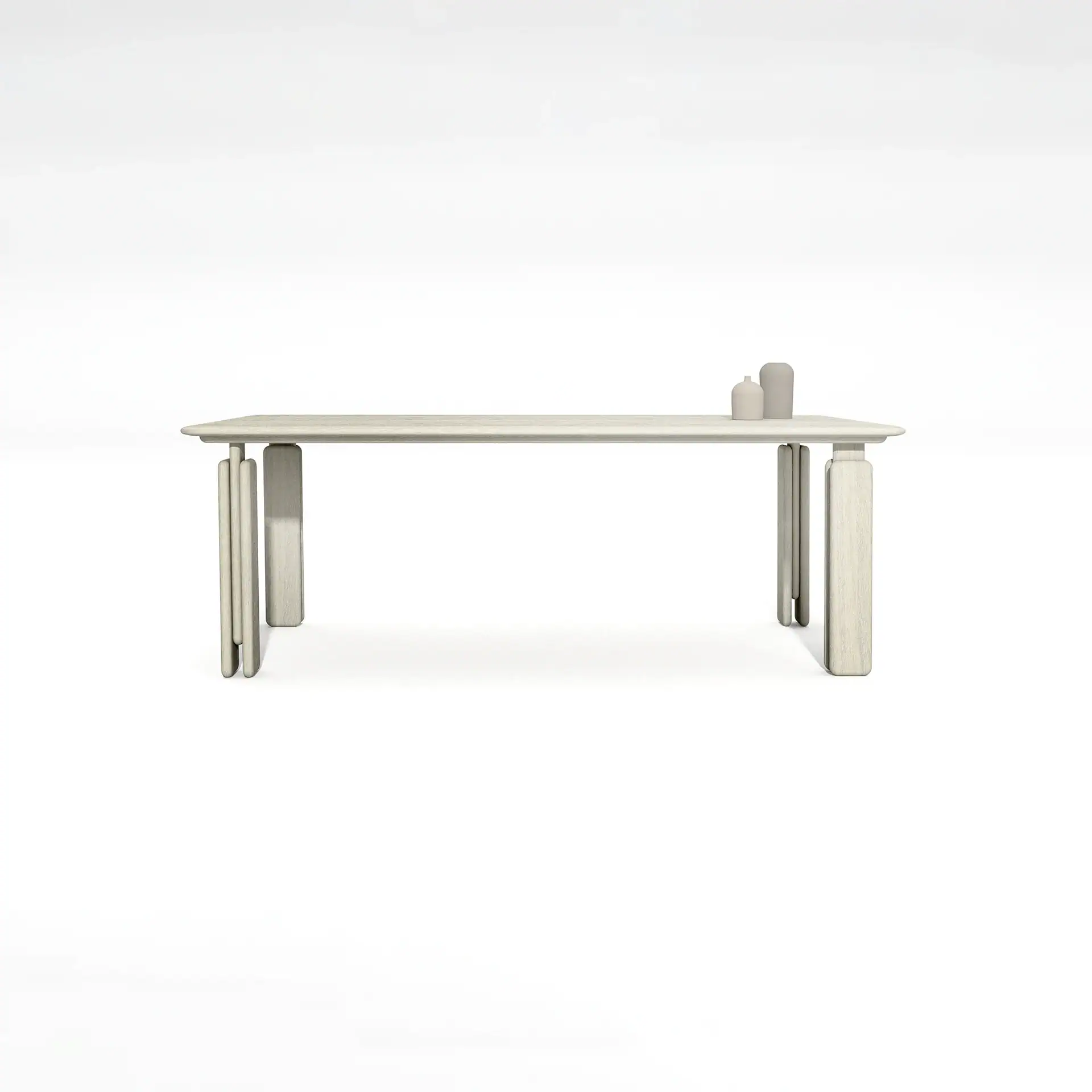 A light wooden table with a unique leg design and two small grey vases on top, against a white background.