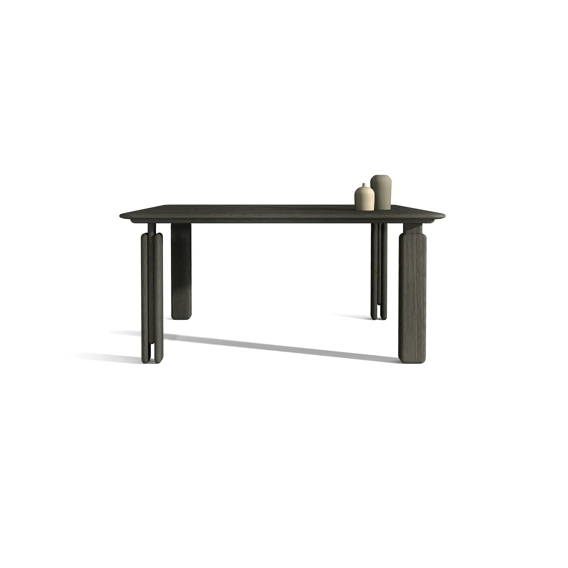 A dark charcoal rectangular table with unique legs and two ceramic vases on top, set against a white background.