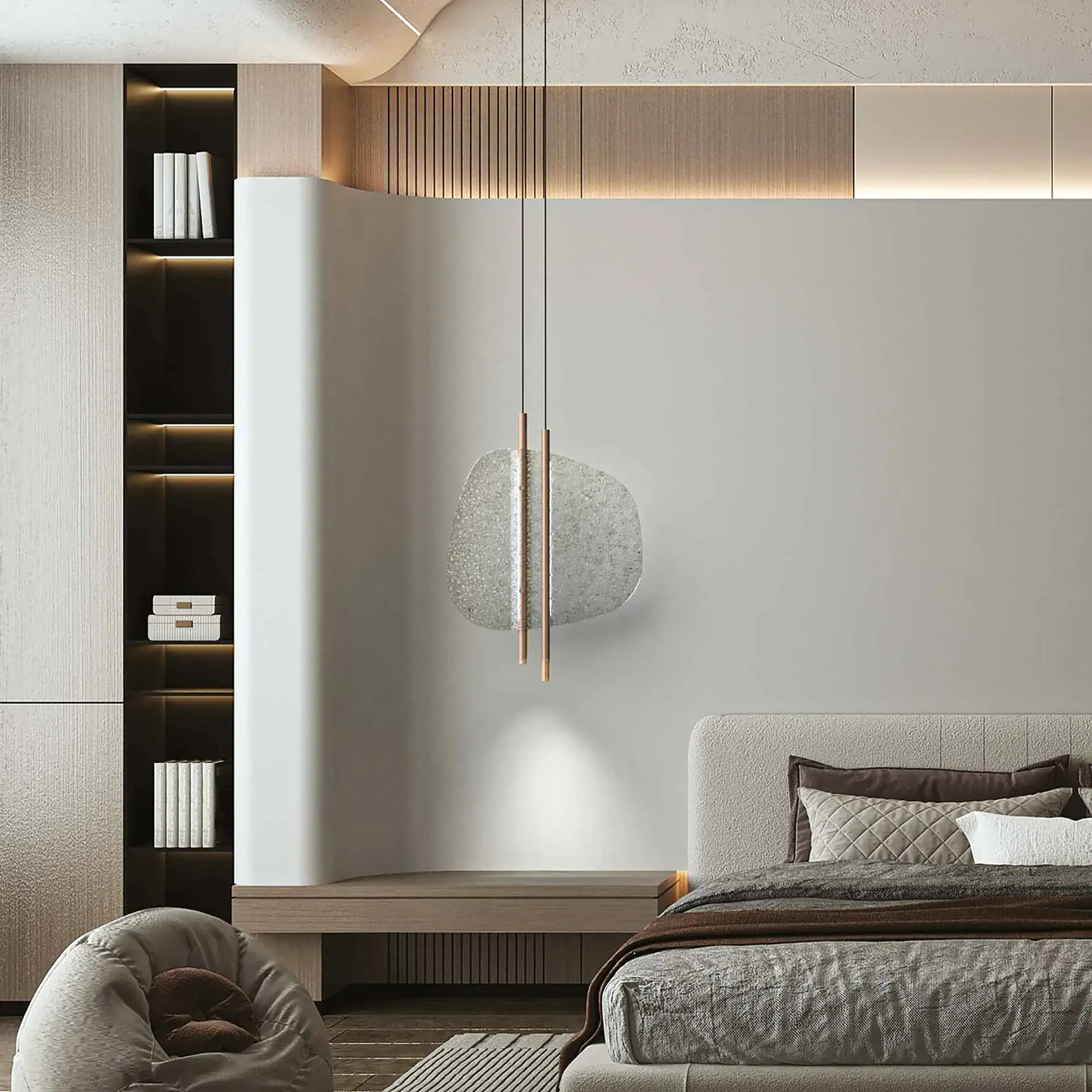 A modern bedroom with a gray upholstered bed, a unique textured pendant light, built-in backlit shelves, and a bean bag chair.