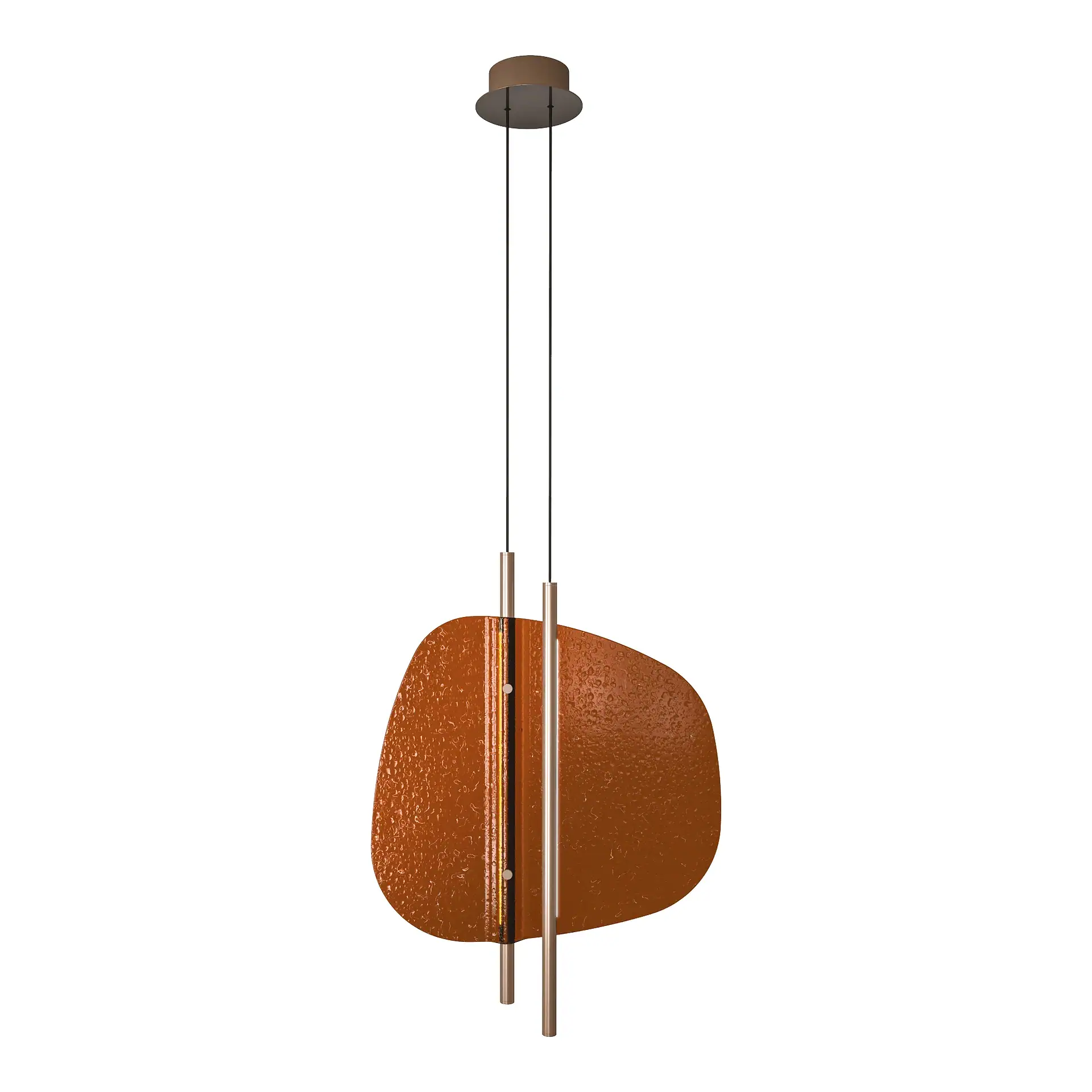 A modern pendant light with an irregular, textured orange shade suspended by two brass rods and black wires from a brown ceiling canopy.