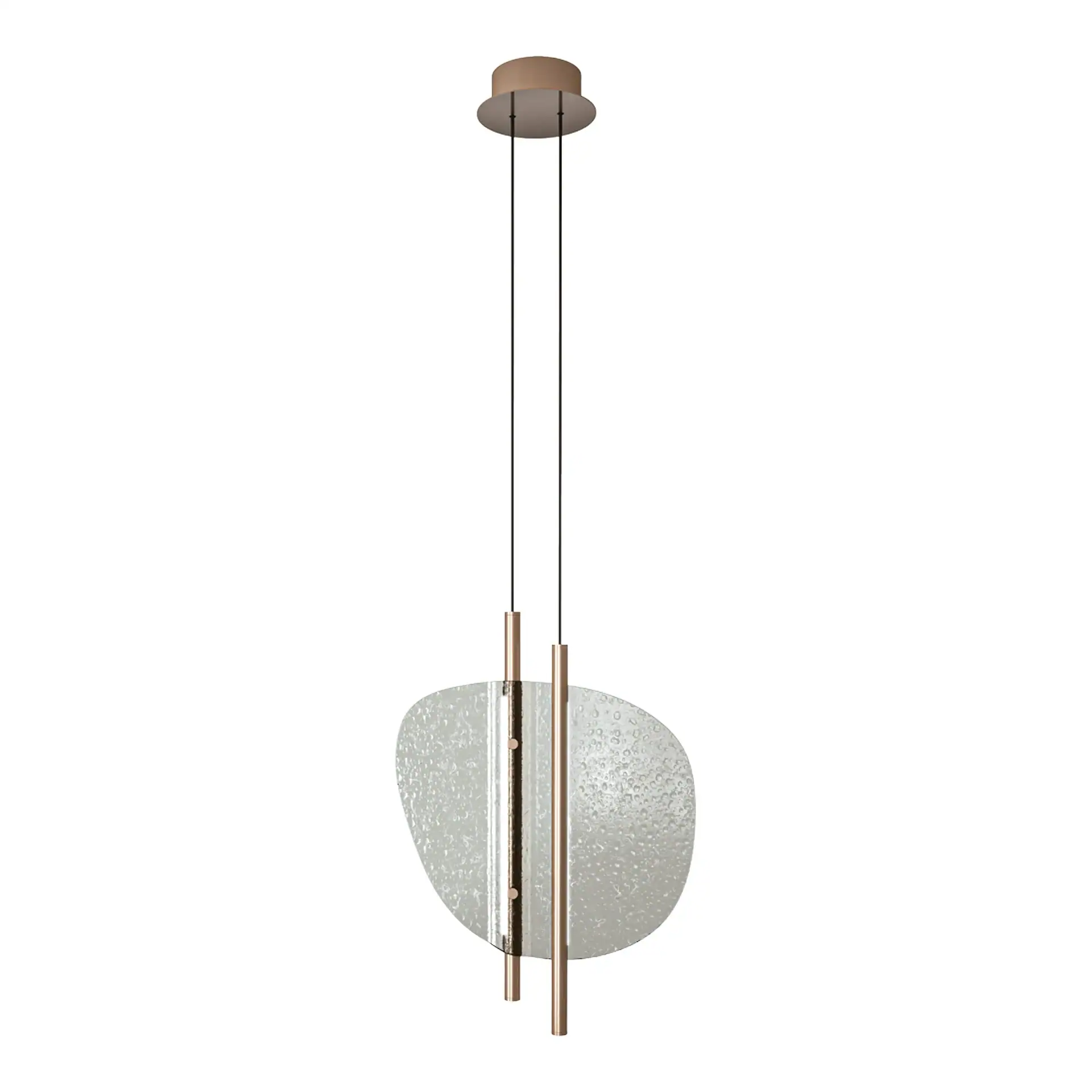 A modern pendant light with a textured, irregularly shaped glass panel and rose gold rods, hanging from a light brown ceiling mount by two black wires.