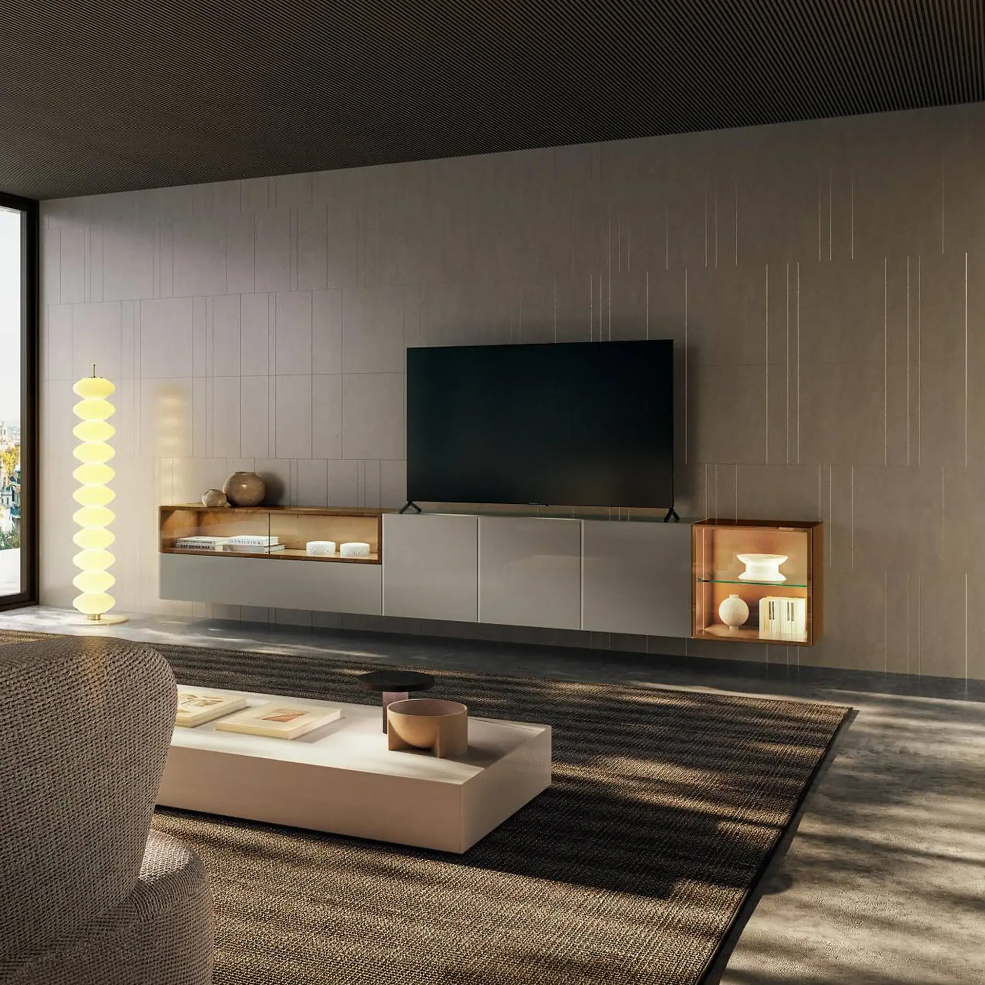 Sklar Furnishings modern TV console with wall-mounted TV and decorative shelves.