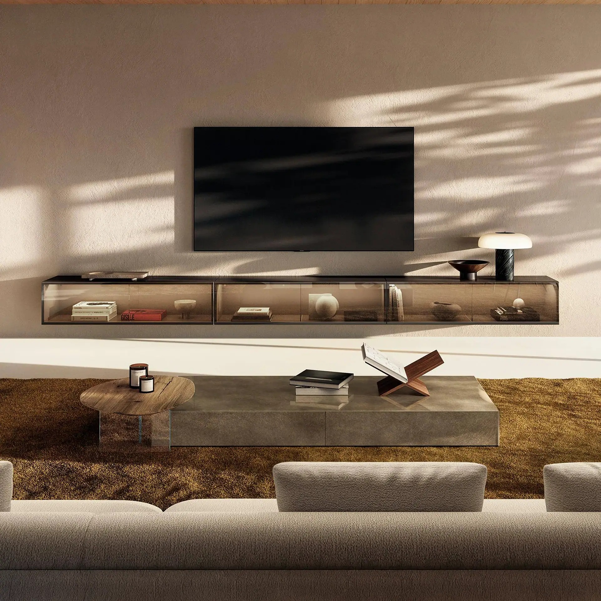 Sklar Furnishings 36e8 modular TV unit with glass display case and decorative items.