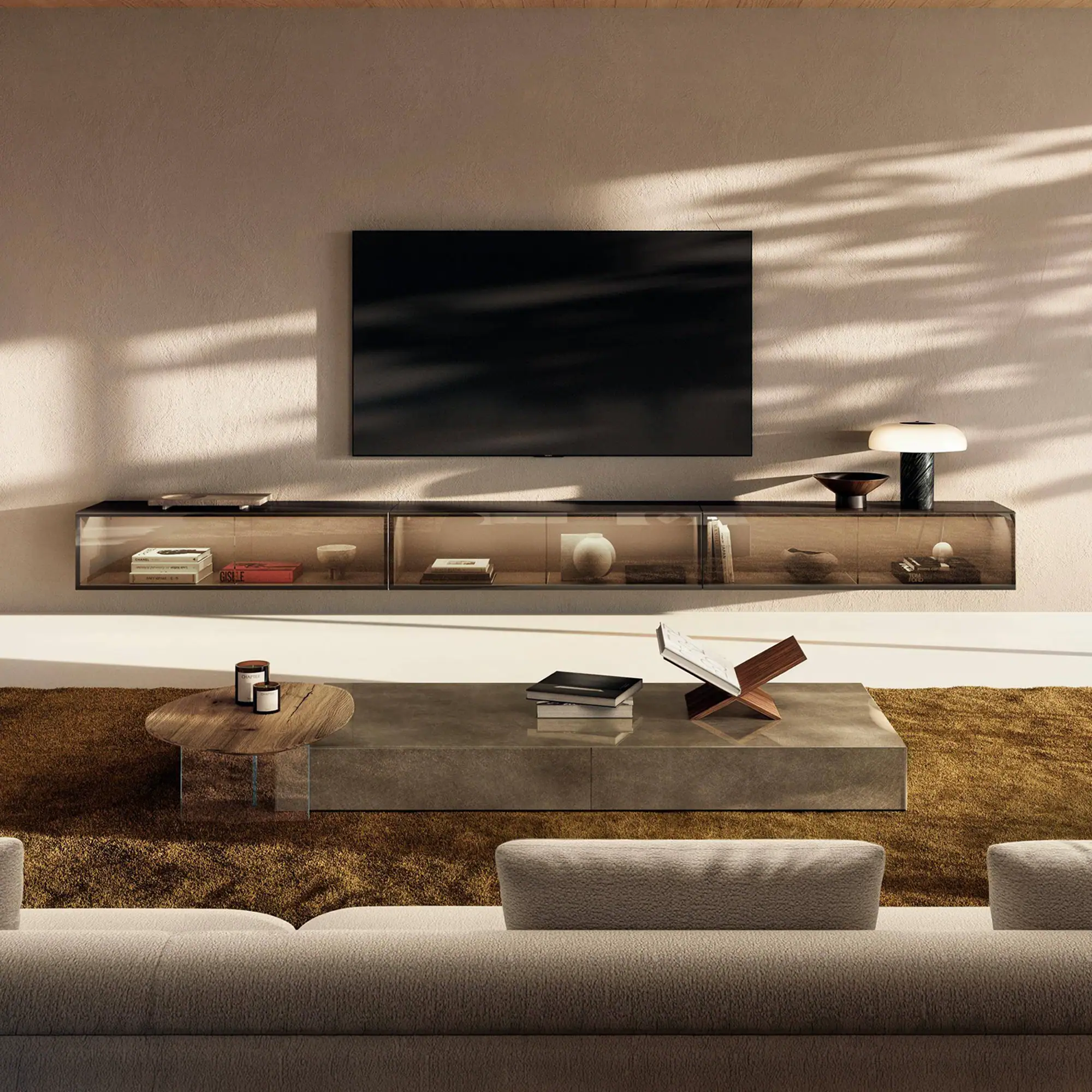 Sklar Furnishings 36e8 modular TV unit with glass display case and decorative items.