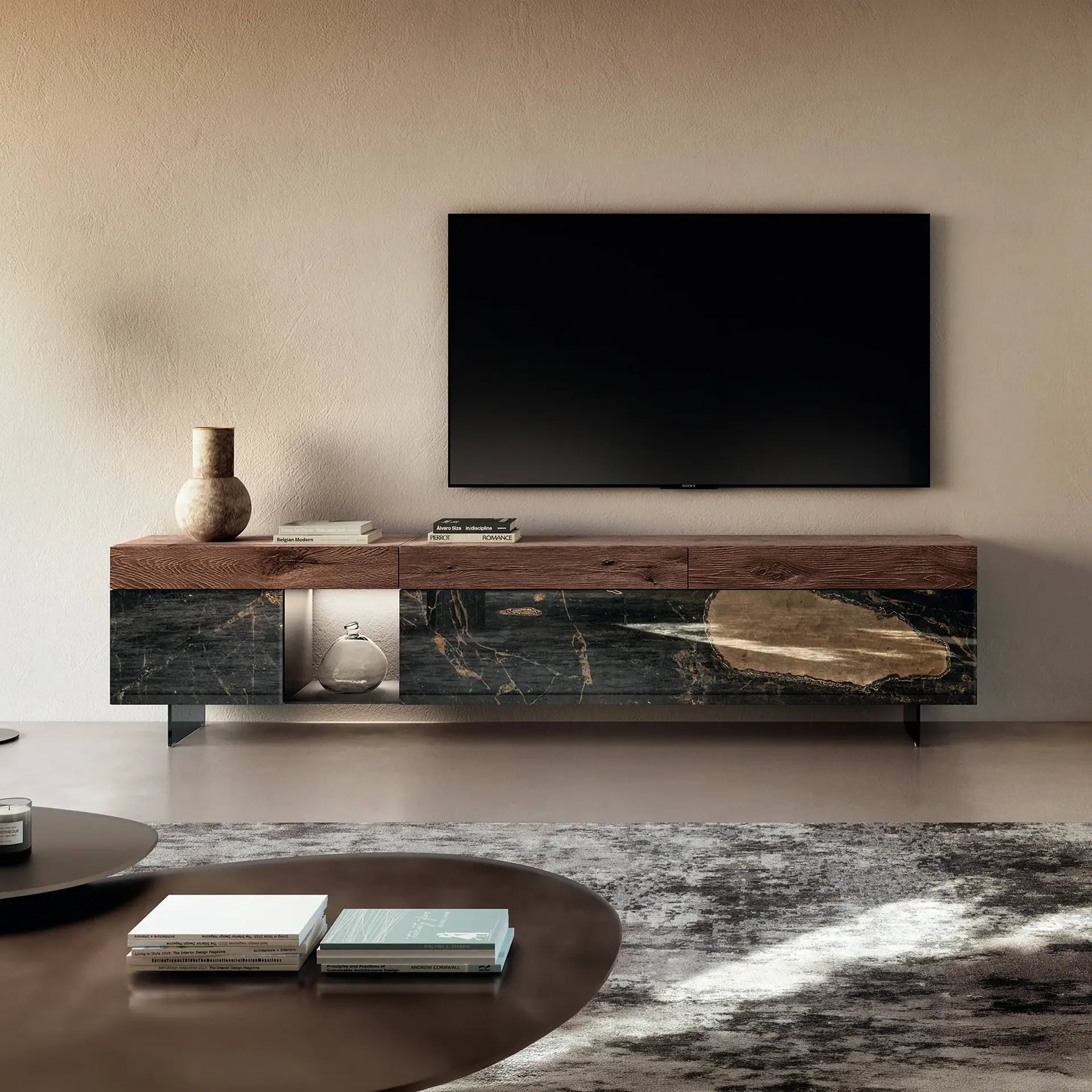 Sklar Furnishings modern TV console with wood and marble finish in living room.