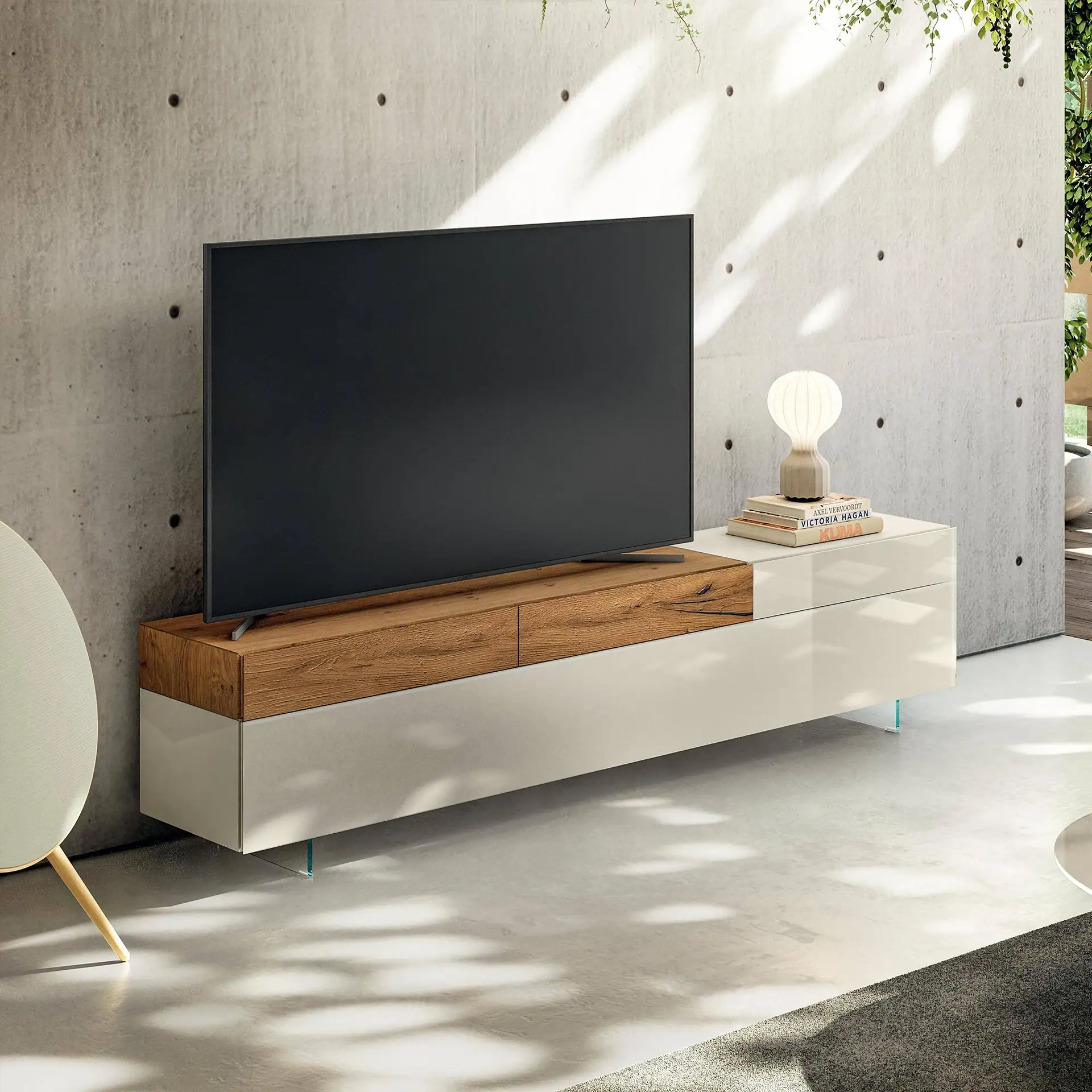 Sklar Furnishings modern TV stand with wood and white finish in living room.