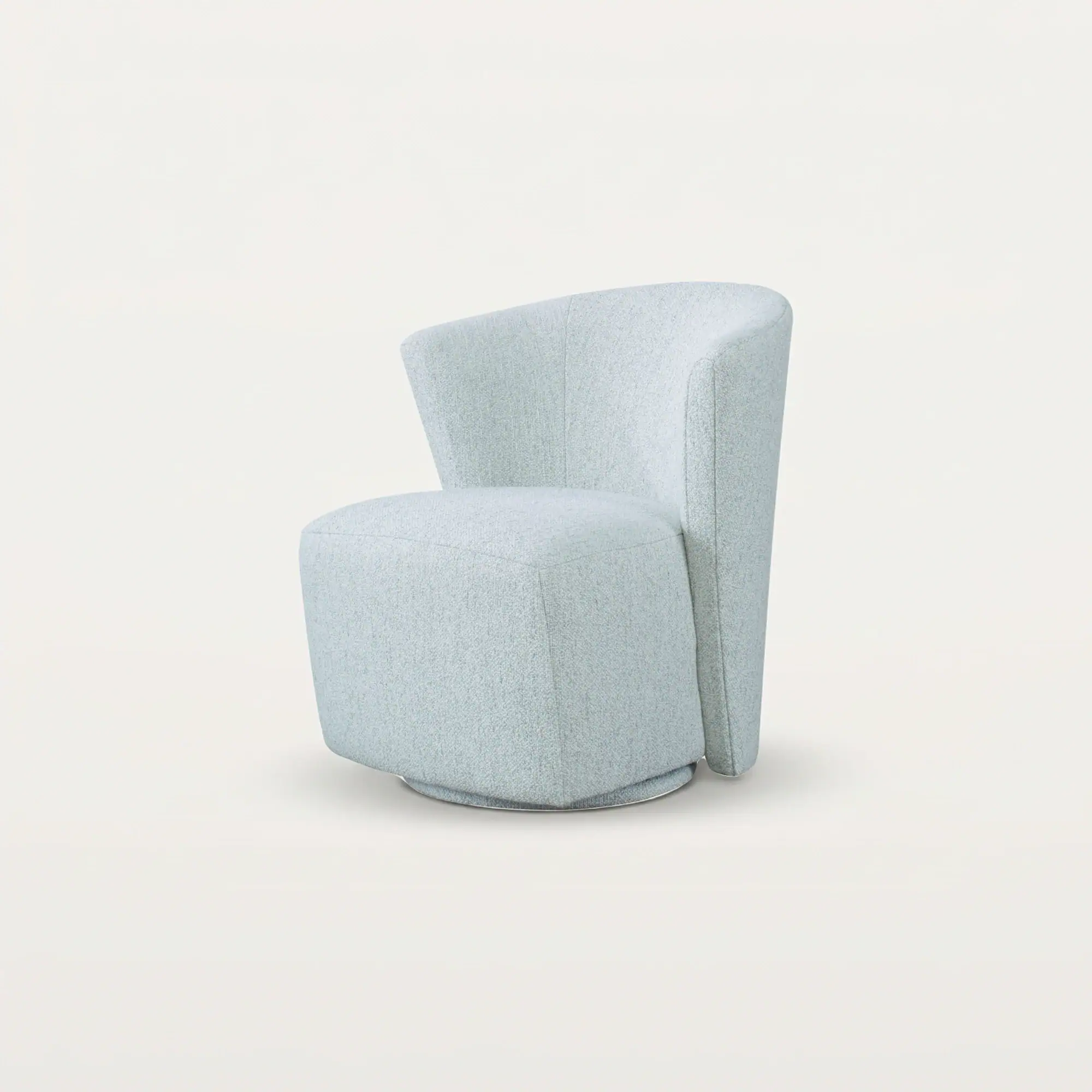 A light blue upholstered swivel chair with a curved back and square seat, on a silver swivel base, against an off-white background.