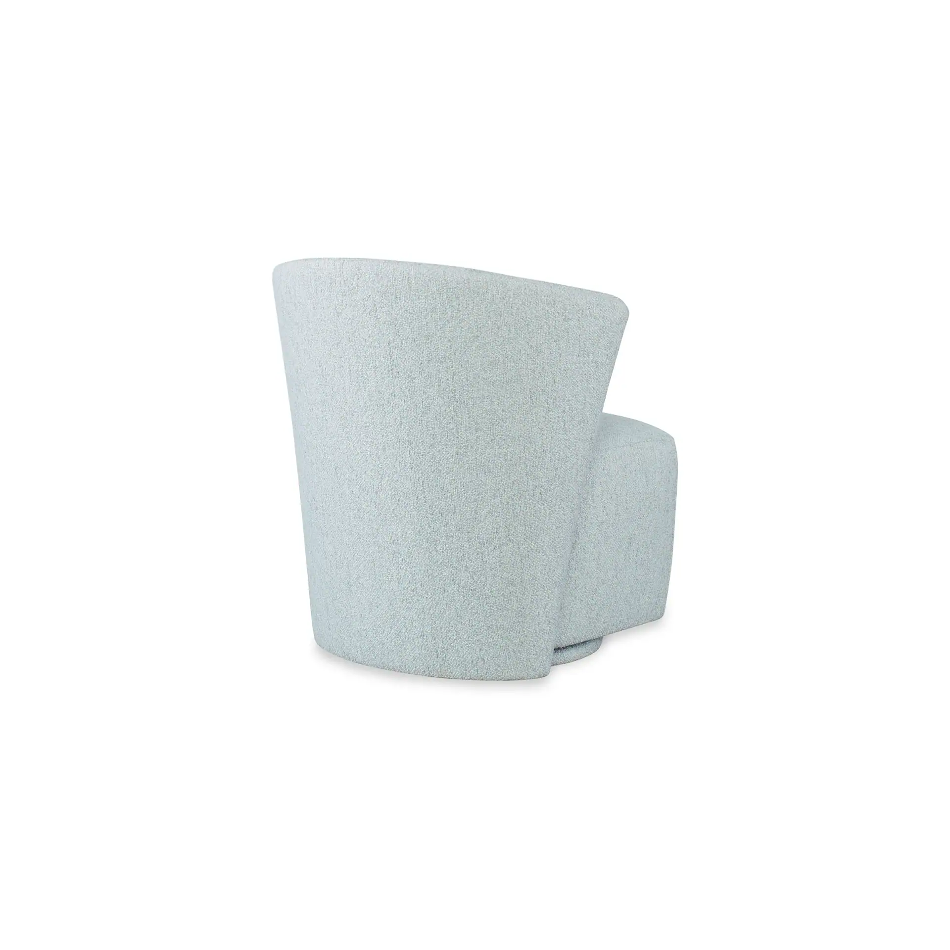 Light blue upholstered swivel armchair with a curved back and textured fabric, viewed from the back at an angle on a white background.